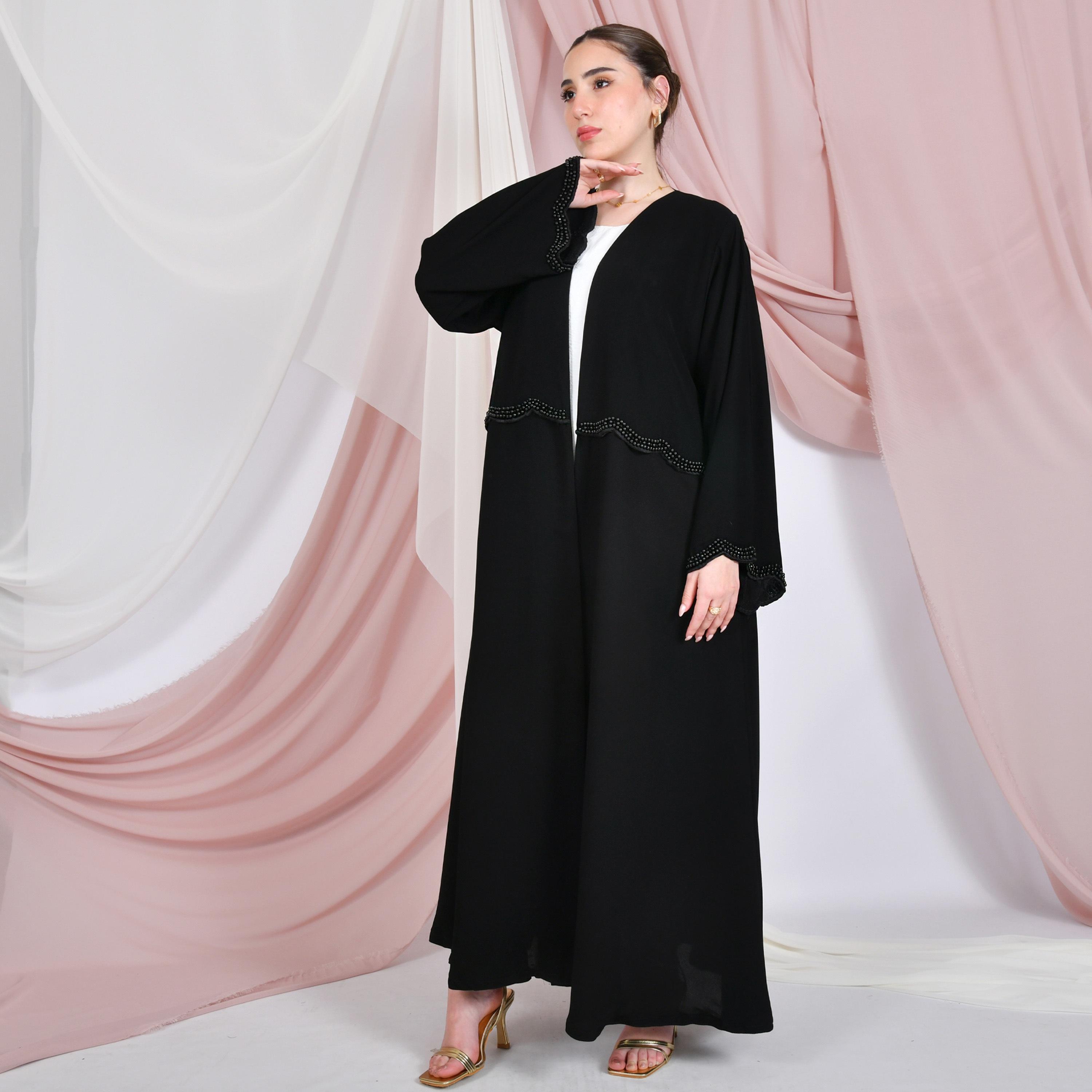 Hawraa Black Pearl Detailing Linen Women's Abaya-women-arabicclothing-abayas-image-4