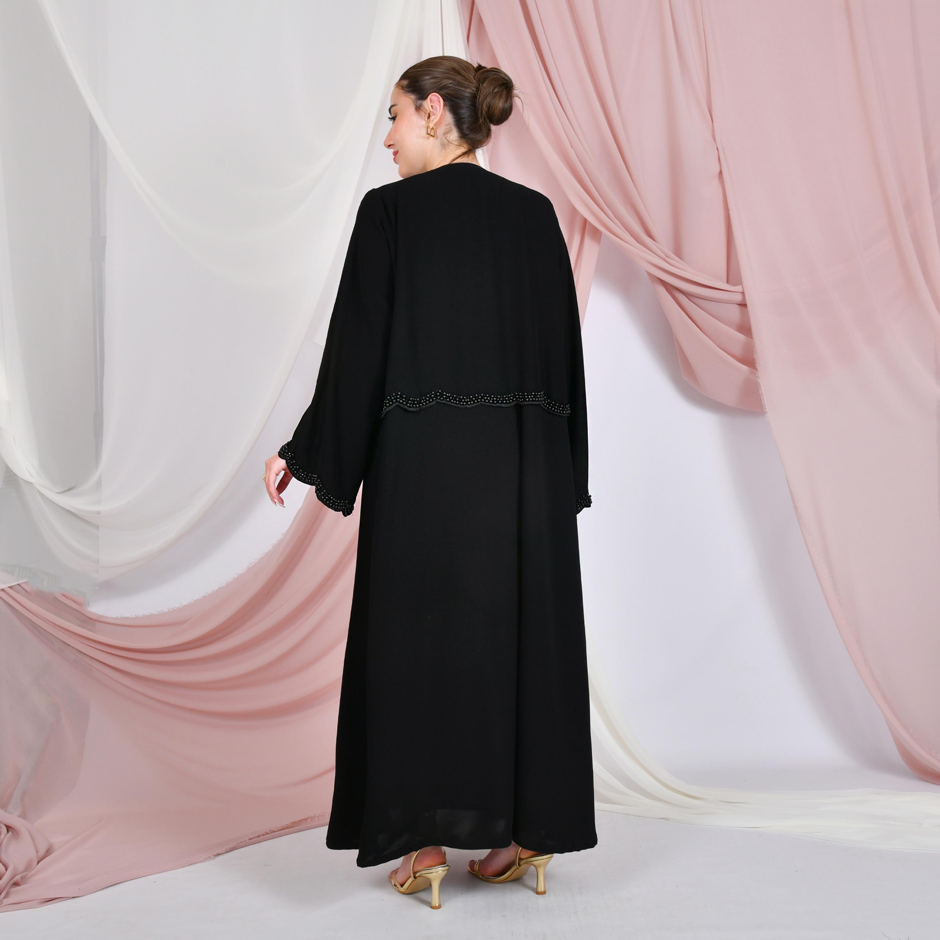 Hawraa Black Pearl Detailing Linen Women's Abaya-women-arabicclothing-abayas-image-5