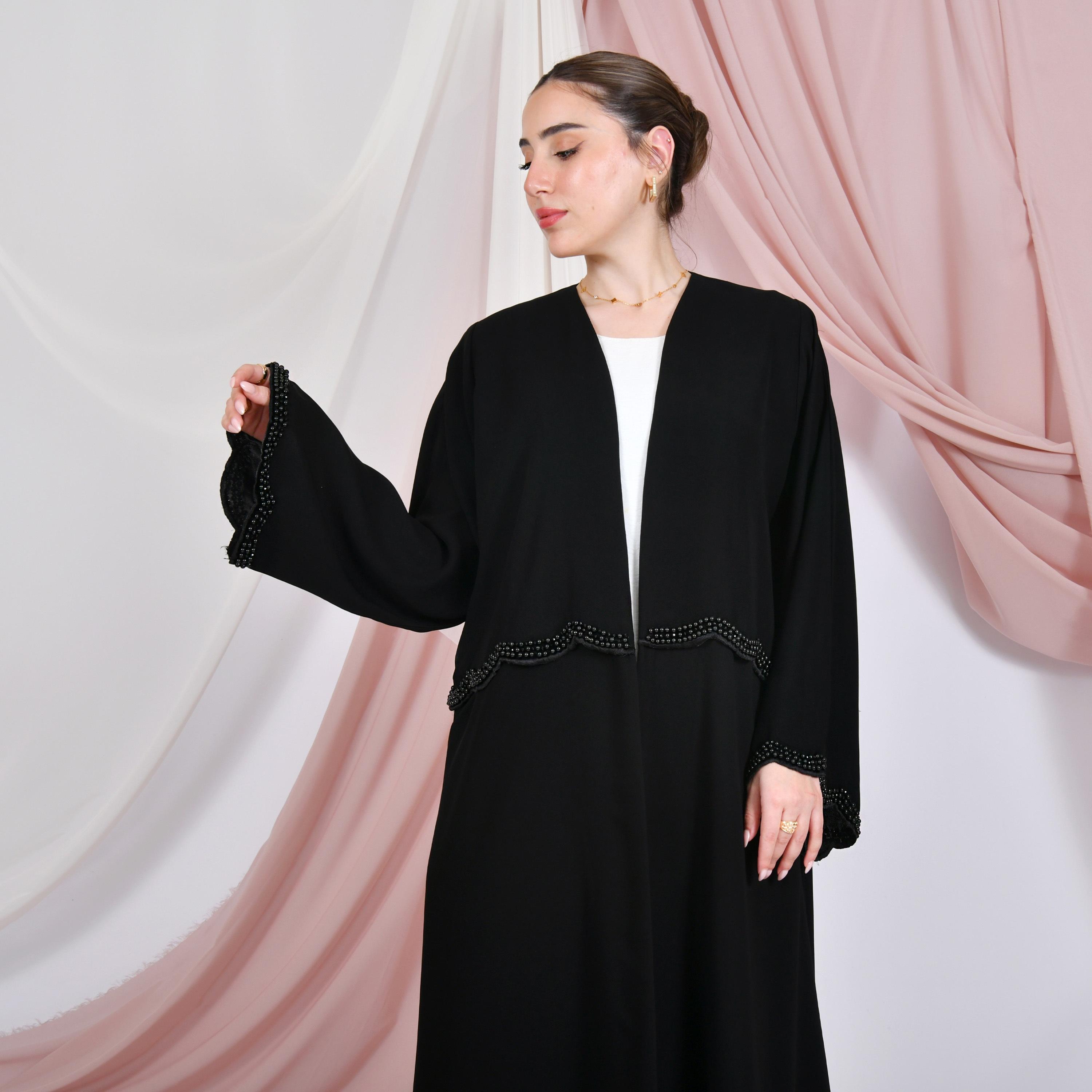 Hawraa Black Pearl Detailing Linen Women's Abaya-women-arabicclothing-abayas-image-6