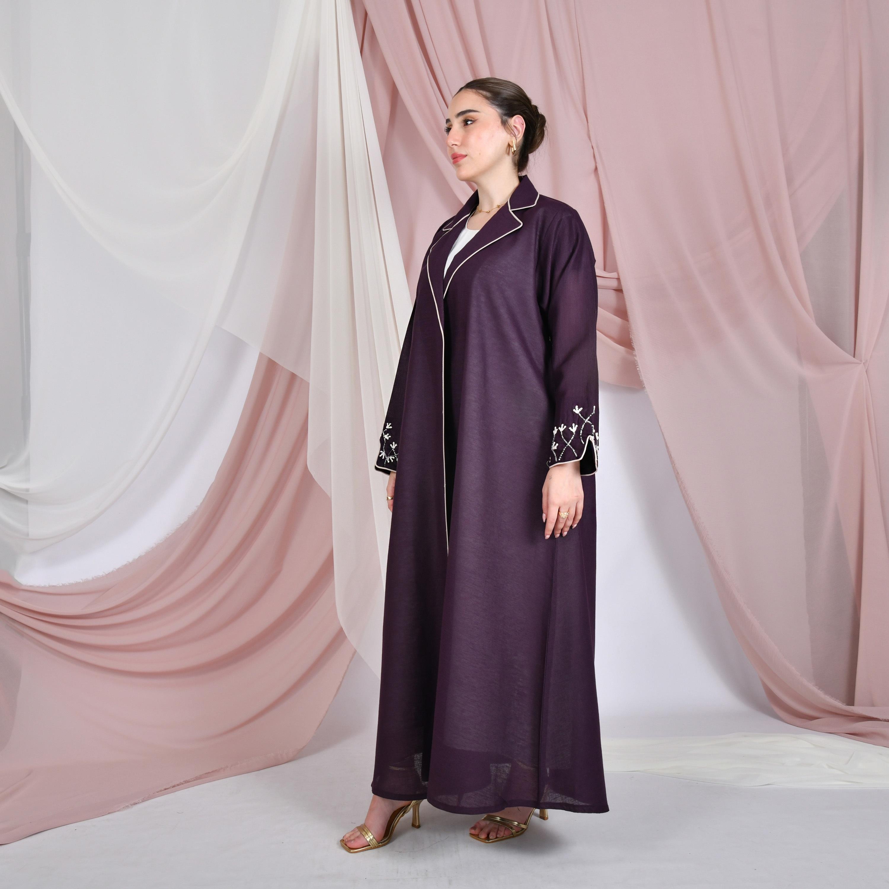 Hawraa Beaded Lapel Collar Linen Women's Formal Blazer Style Abaya-women-arabicclothing-abayas-image-1