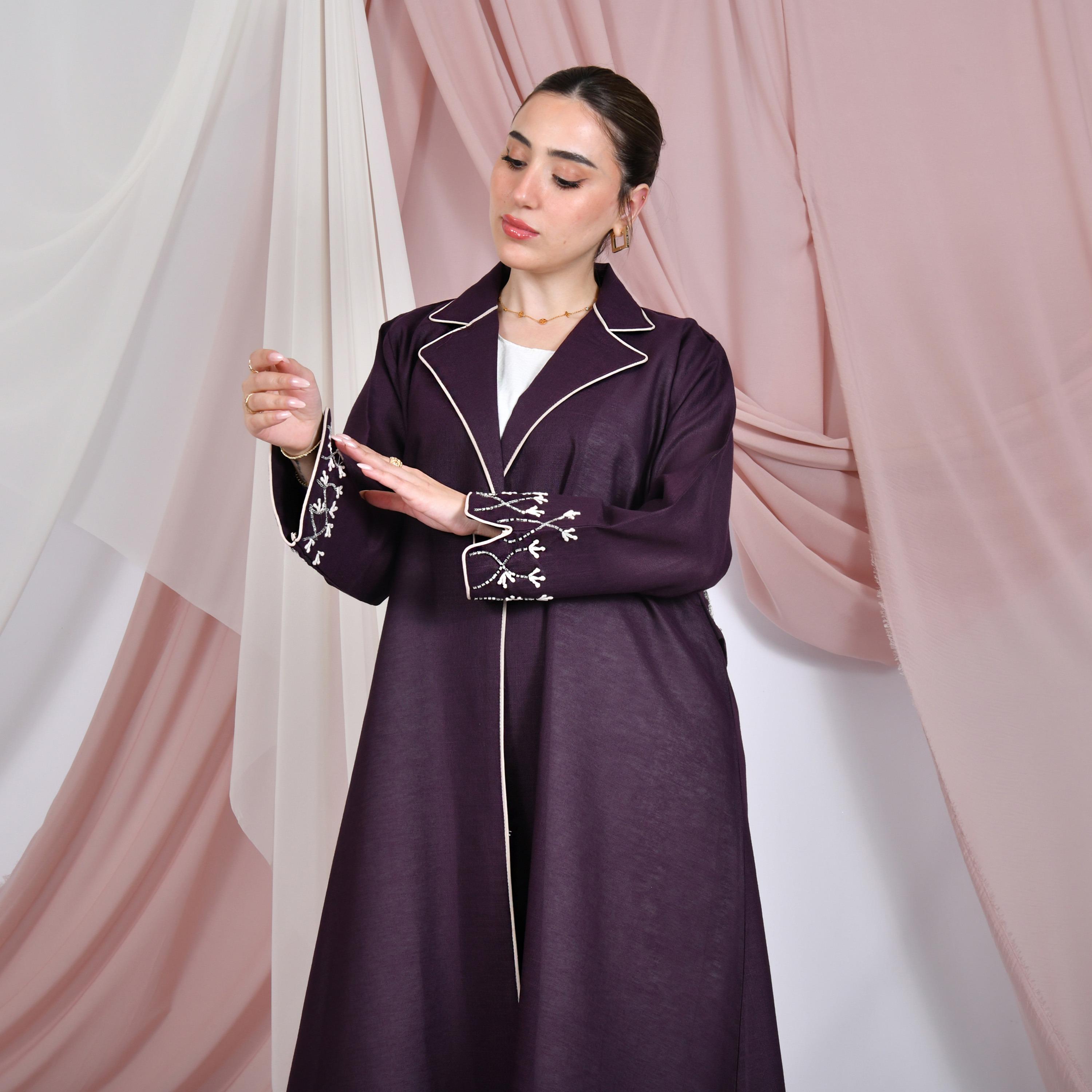 Hawraa Beaded Lapel Collar Linen Women's Formal Blazer Style Abaya-women-arabicclothing-abayas-image-2