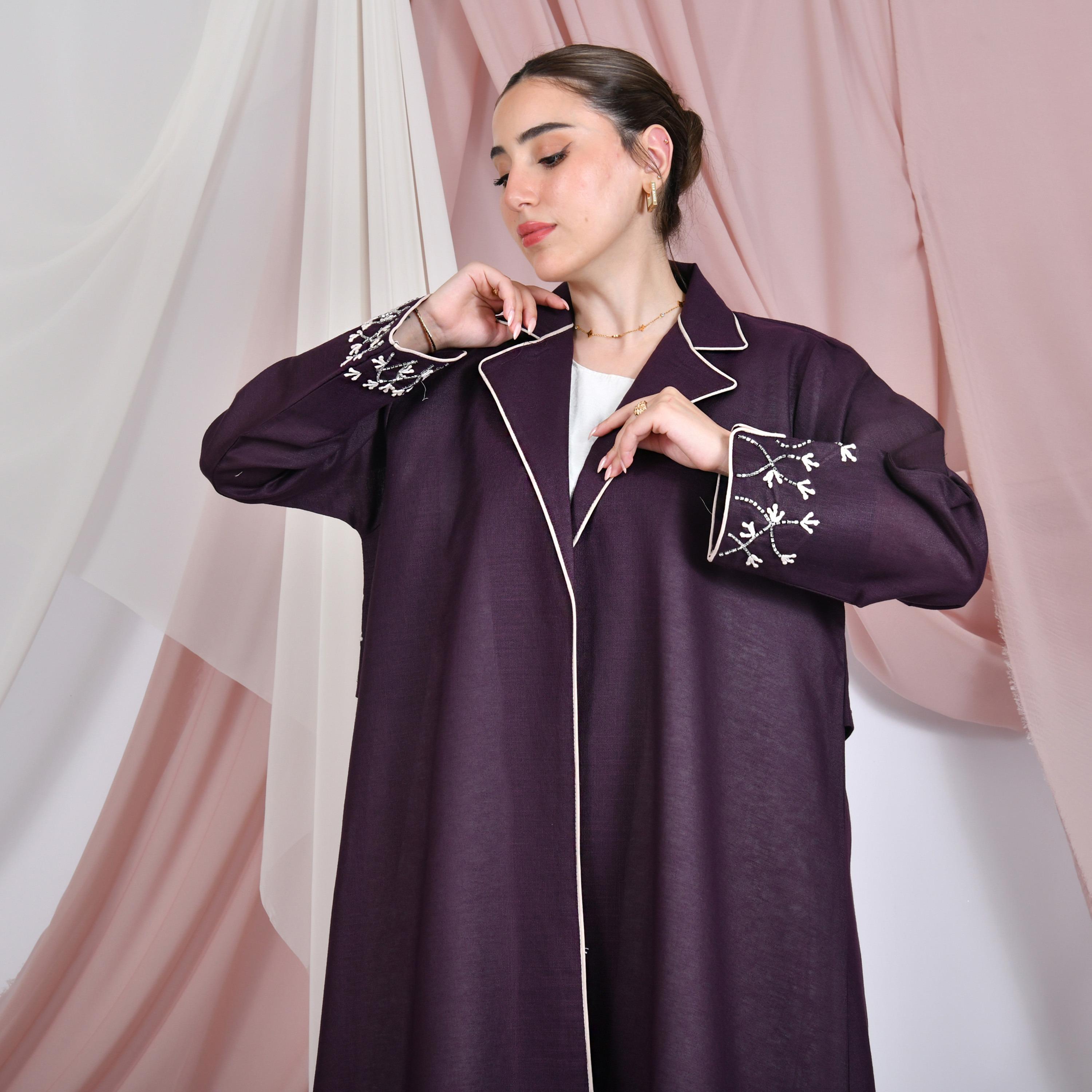 Hawraa Beaded Lapel Collar Linen Women's Formal Blazer Style Abaya-women-arabicclothing-abayas-image-4
