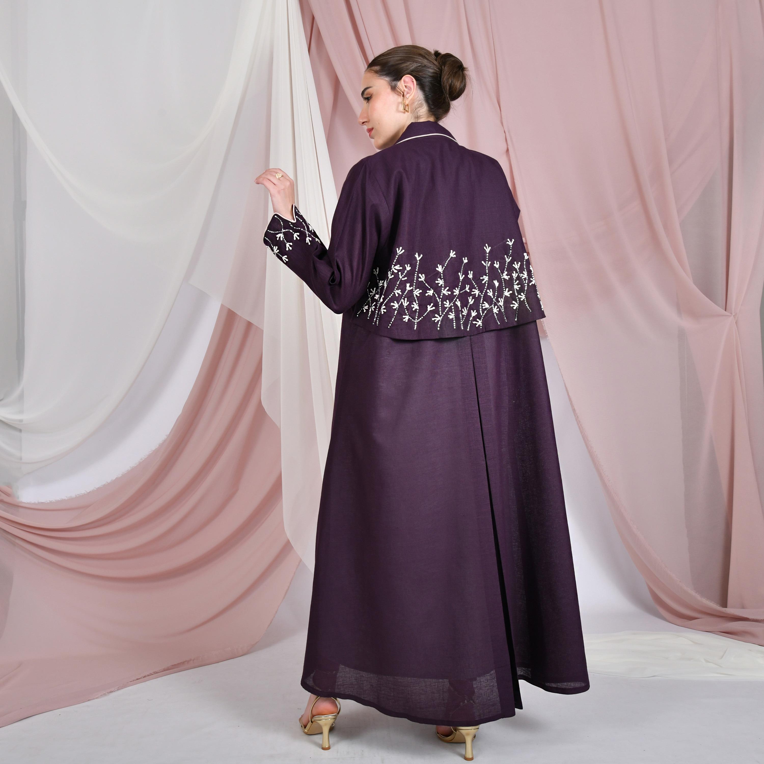 Hawraa Beaded Lapel Collar Linen Women's Formal Blazer Style Abaya-women-arabicclothing-abayas-image-5
