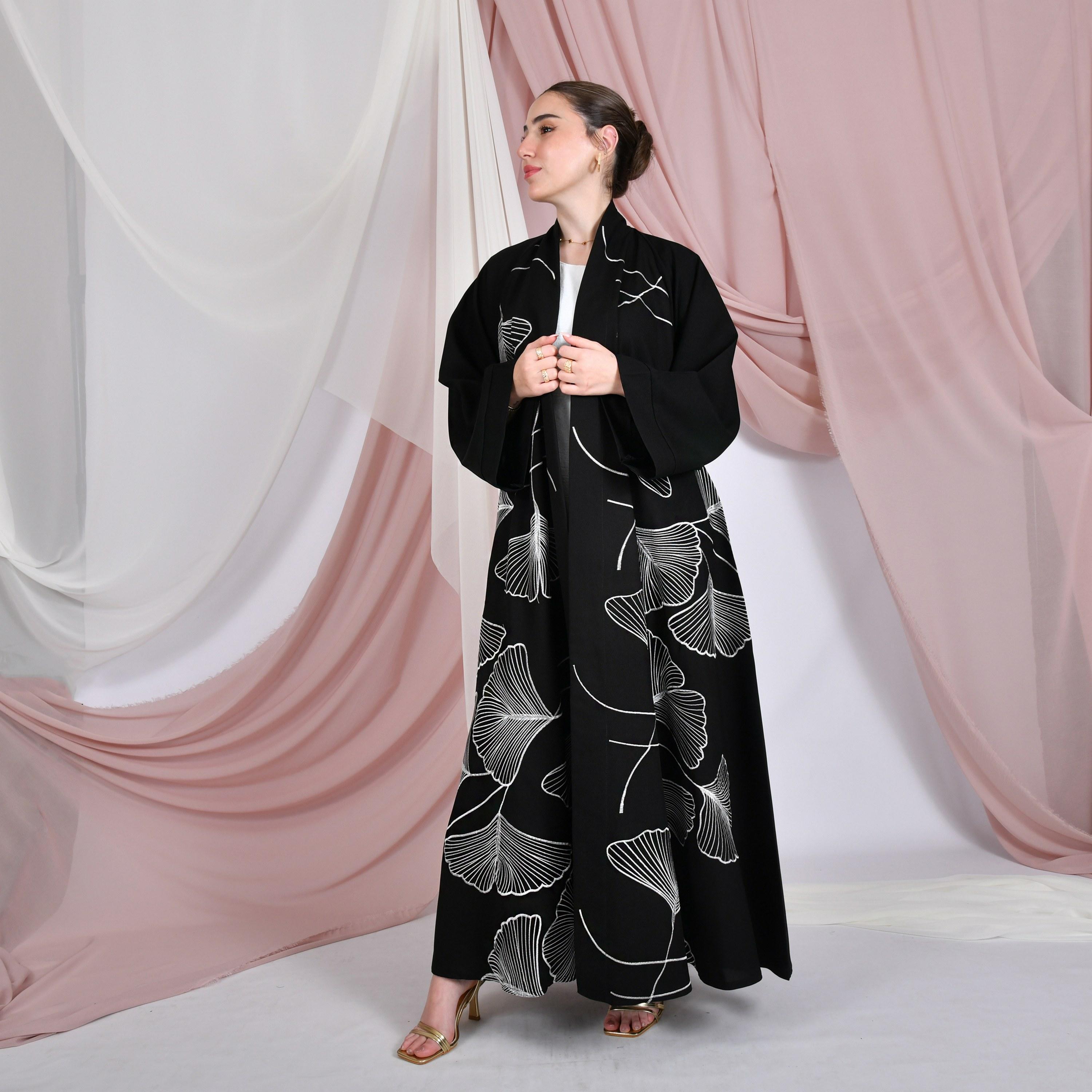 Hawraa Black All-Over Embroidered Wide Sleeves Linen Women's Abaya-women-arabicclothing-abayas-image-1