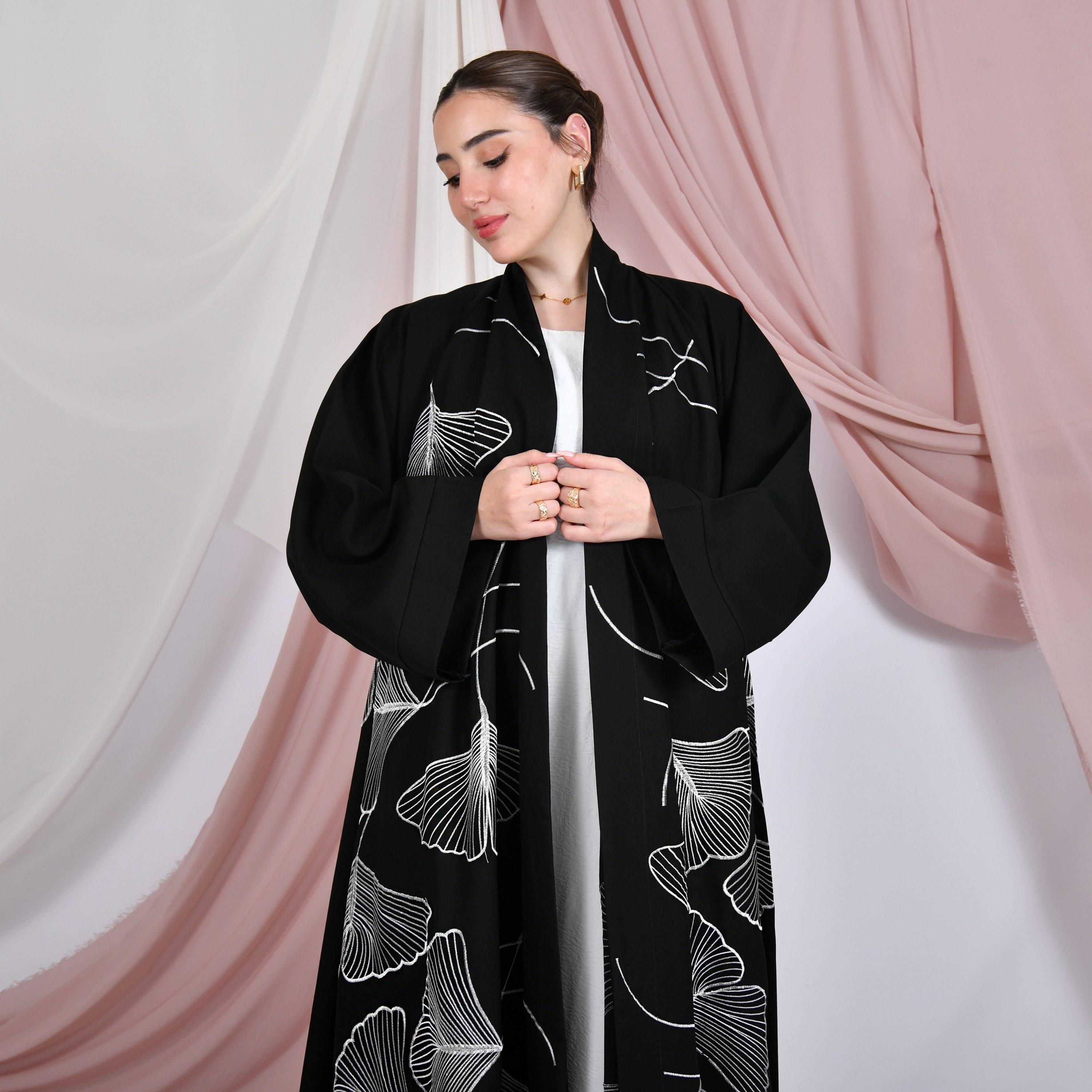 Hawraa Black All-Over Embroidered Wide Sleeves Linen Women's Abaya-women-arabicclothing-abayas-image-2