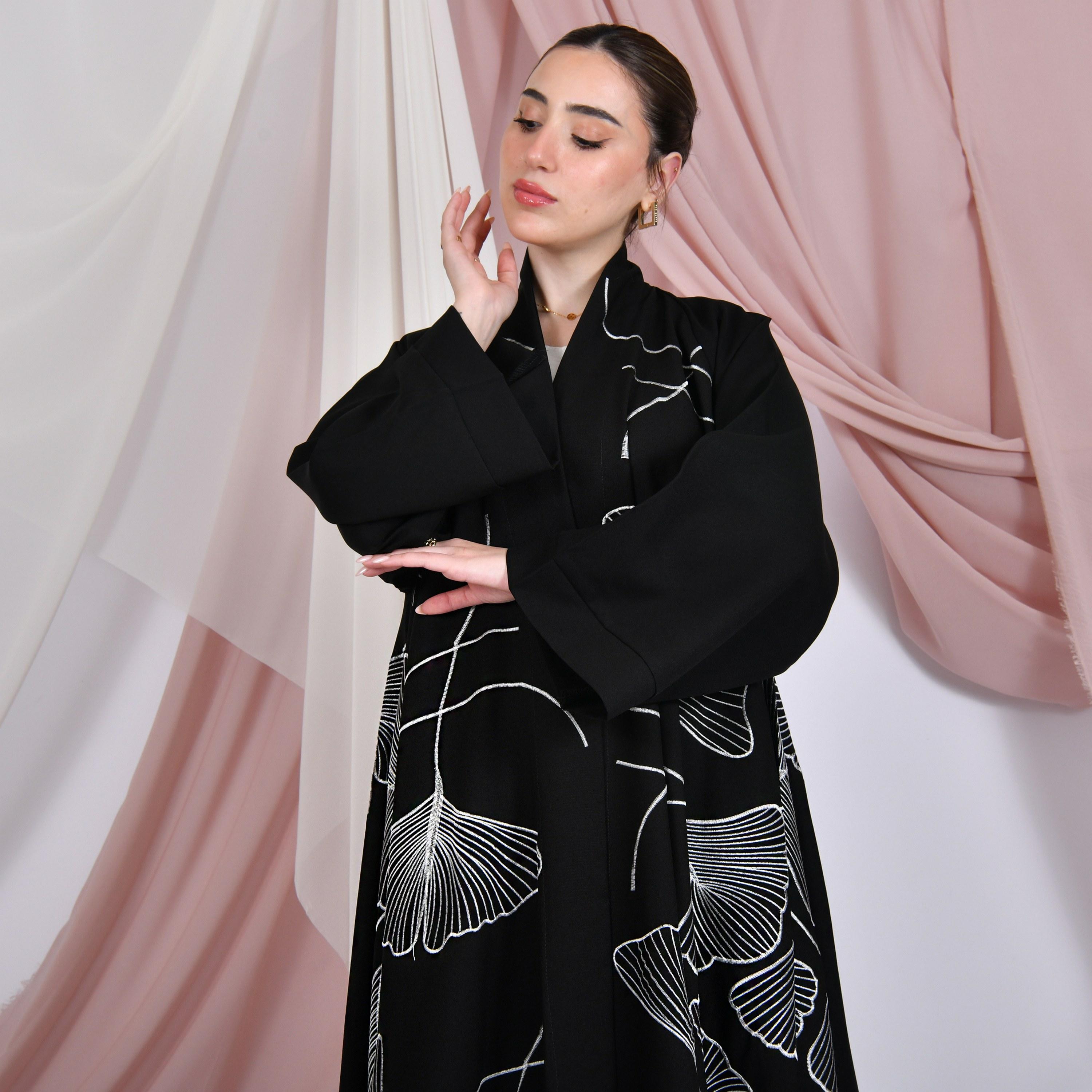 Hawraa Black All-Over Embroidered Wide Sleeves Linen Women's Abaya-women-arabicclothing-abayas-image-3