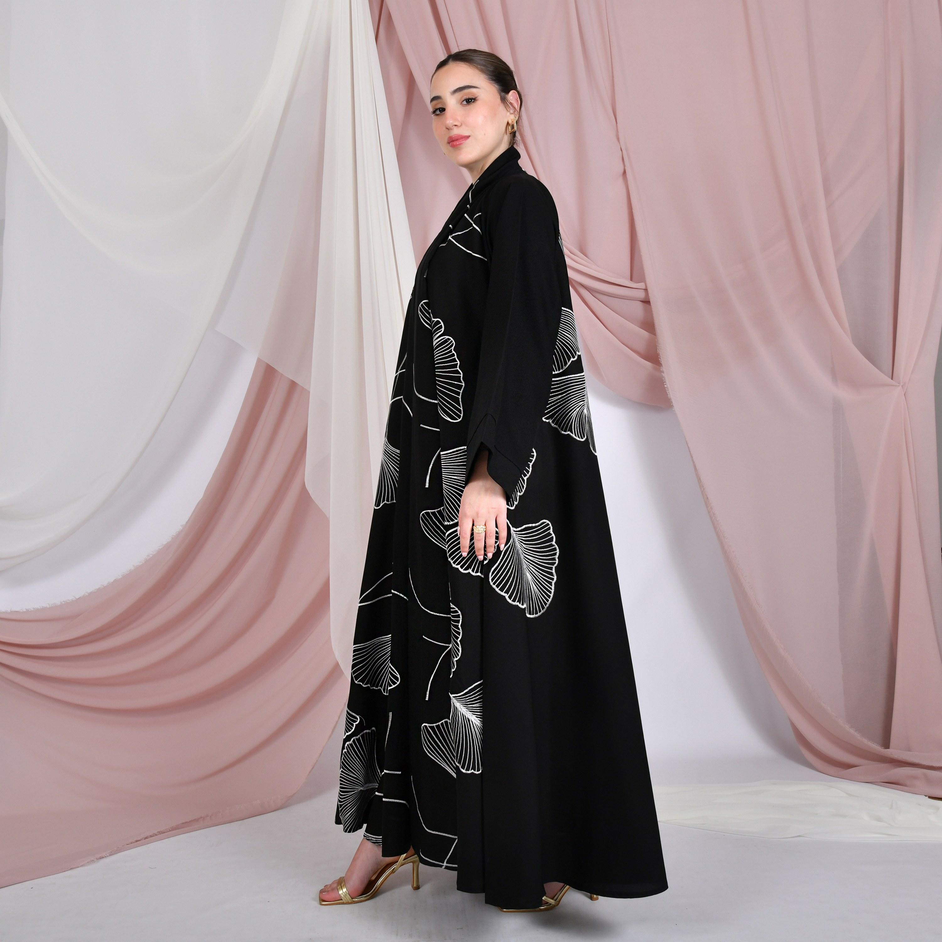Hawraa Black All-Over Embroidered Wide Sleeves Linen Women's Abaya-women-arabicclothing-abayas-image-4