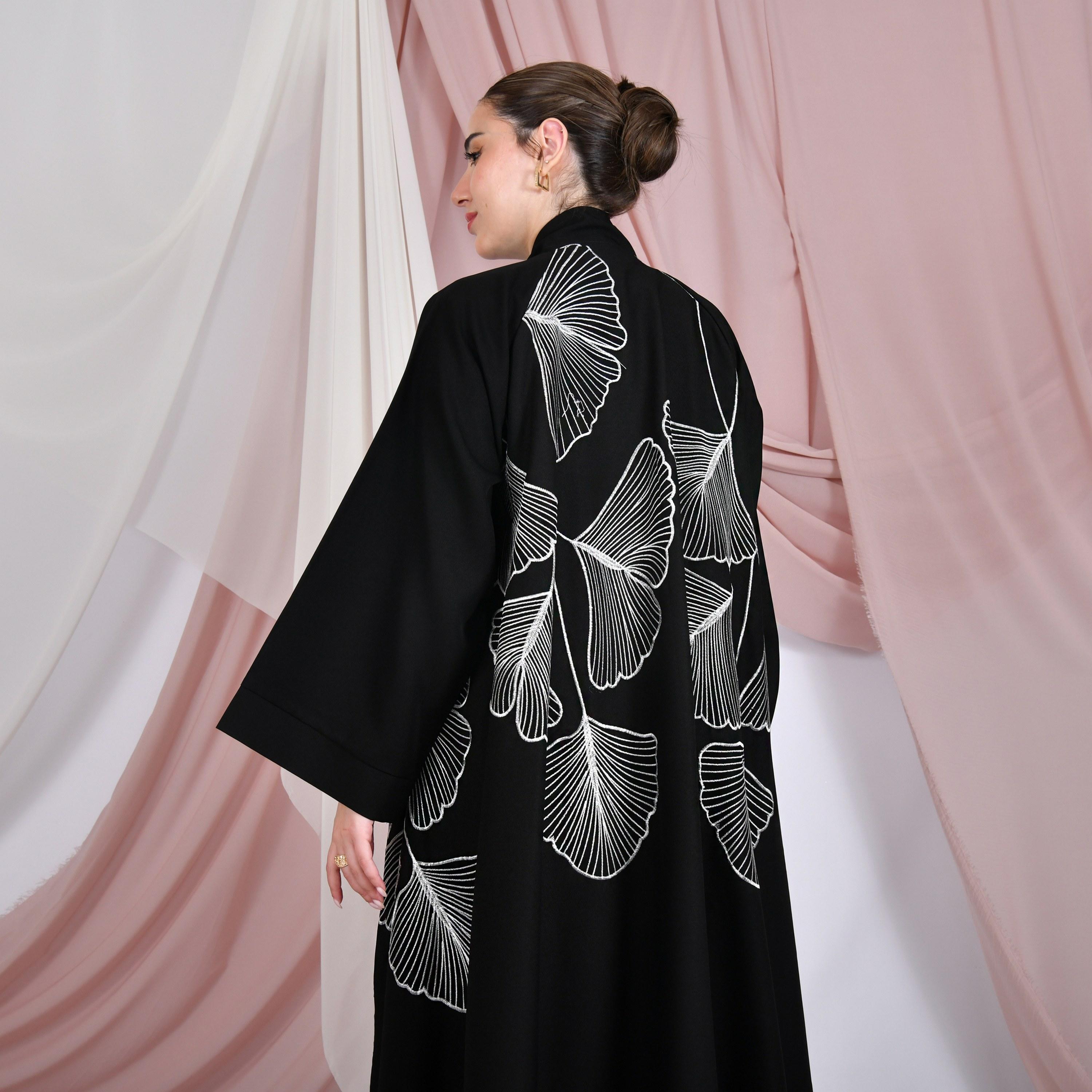 Hawraa Black All-Over Embroidered Wide Sleeves Linen Women's Abaya-women-arabicclothing-abayas-image-5