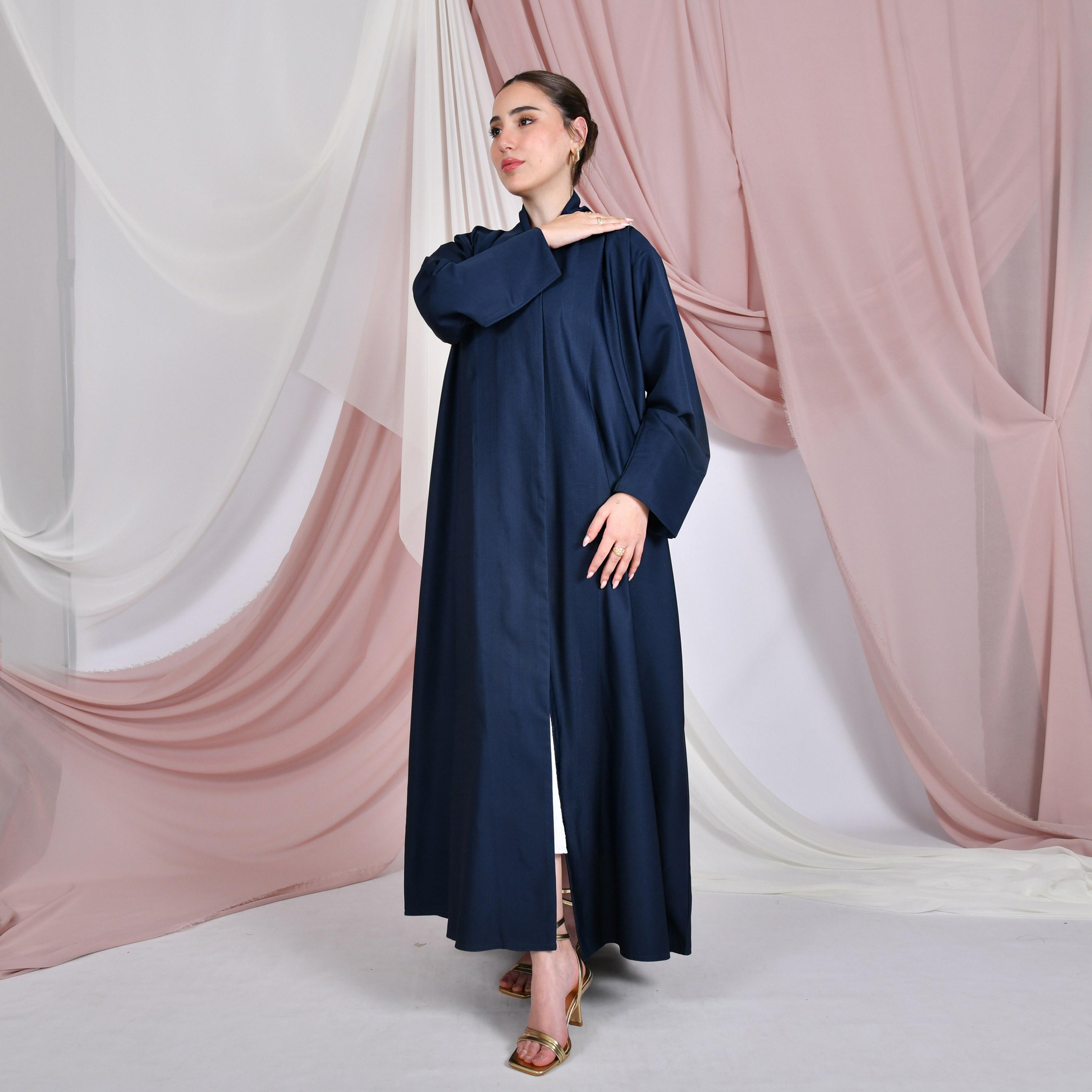 Hawraa Navy Blue Linen Women's Quarter-Cloche Abaya-women-arabicclothing-abayas-image-1