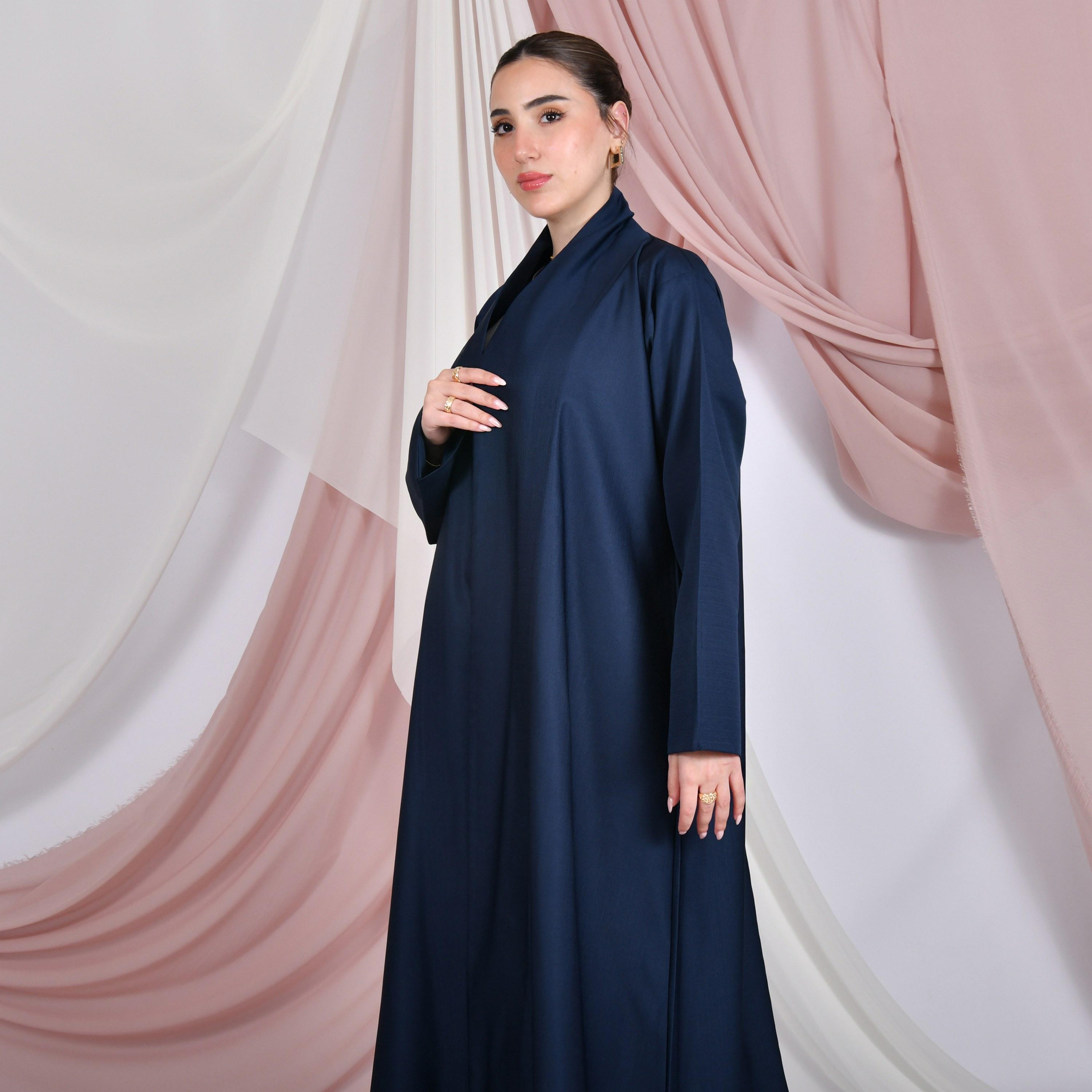 Hawraa Navy Blue Linen Women's Quarter-Cloche Abaya-women-arabicclothing-abayas-image-2