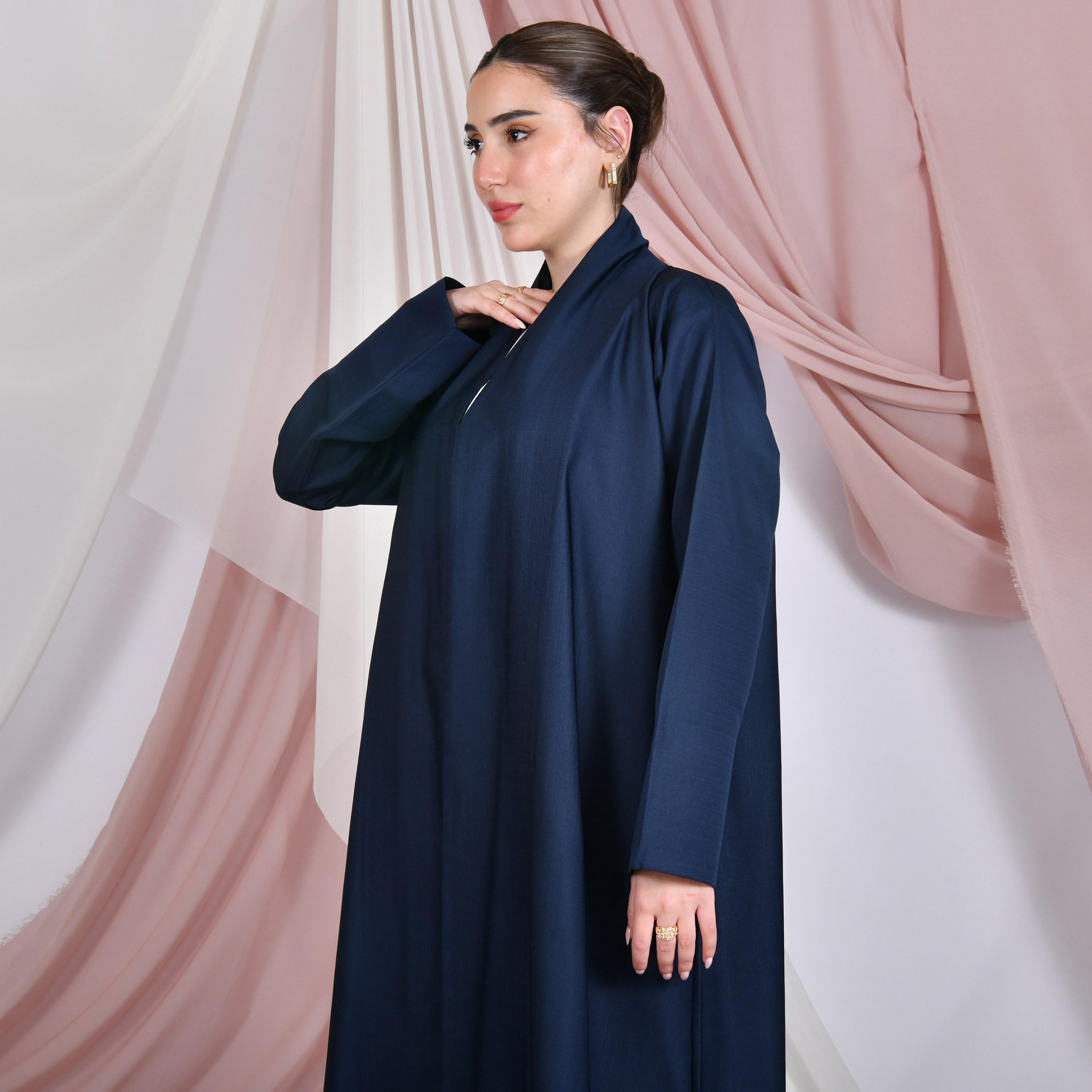 Hawraa Navy Blue Linen Women's Quarter-Cloche Abaya-women-arabicclothing-abayas-image-3