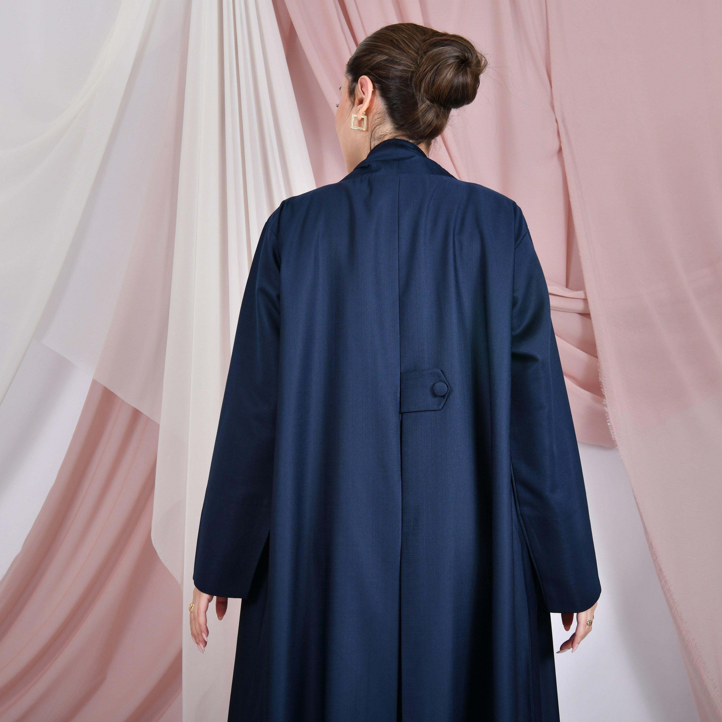 Hawraa Navy Blue Linen Women's Quarter-Cloche Abaya-women-arabicclothing-abayas-image-5
