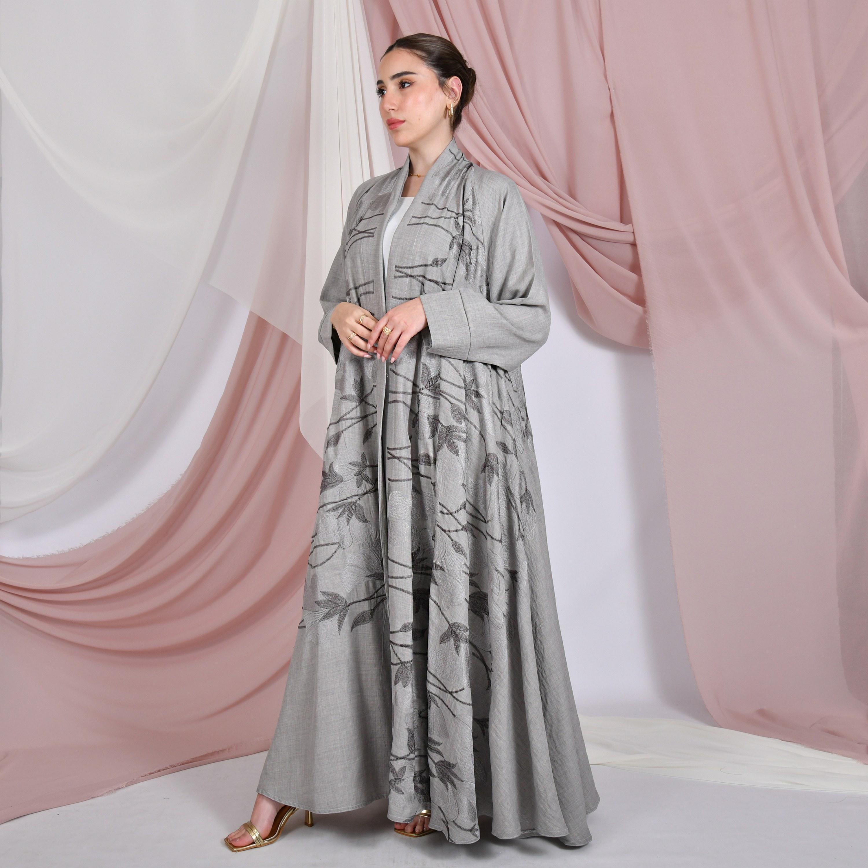 Hawraa Grey Leaf Embroidered Raglan Sleeves Linen Women's Flared Abaya with Hijab-women-arabicclothing-abayas-image-1