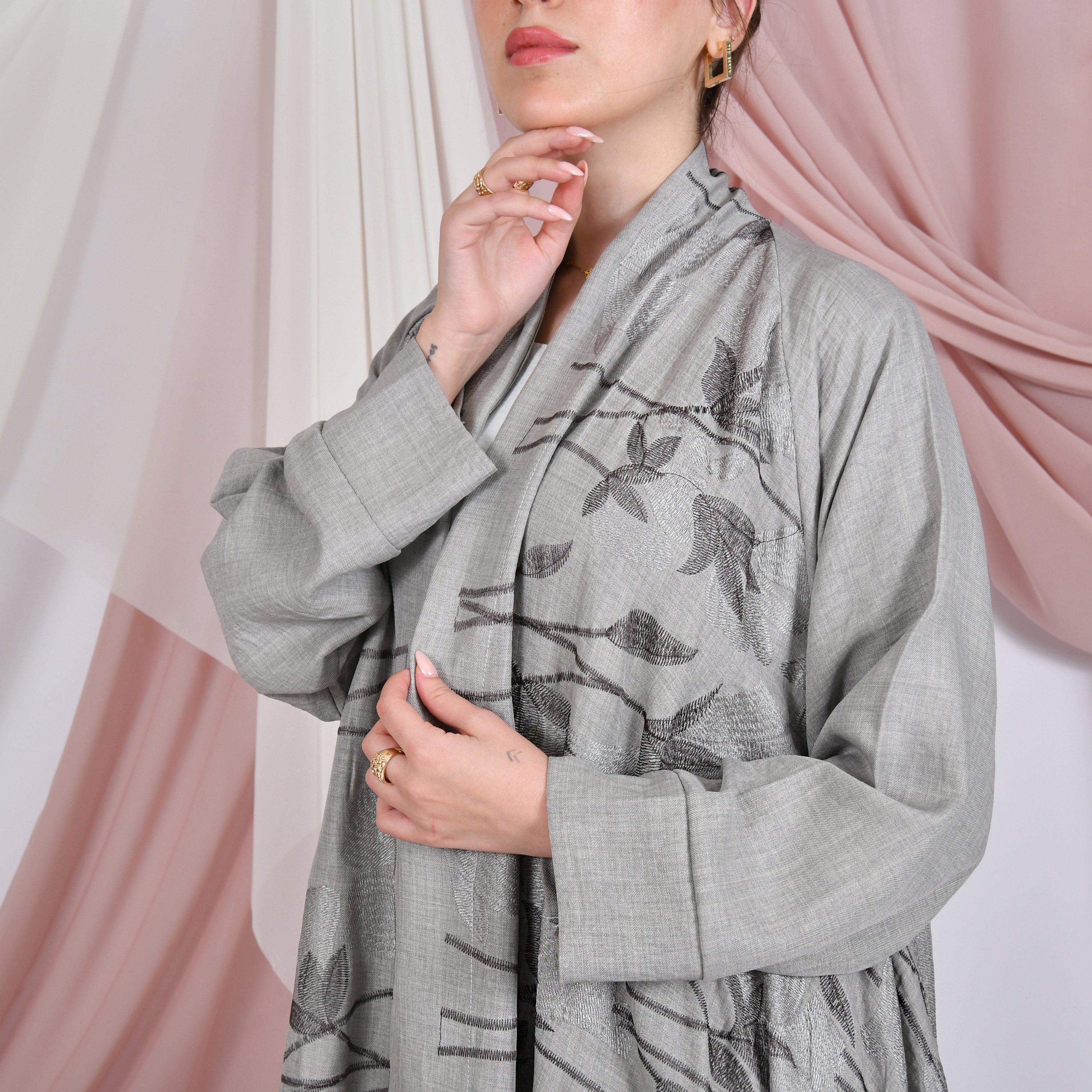 Hawraa Grey Leaf Embroidered Raglan Sleeves Linen Women's Flared Abaya with Hijab-women-arabicclothing-abayas-image-2