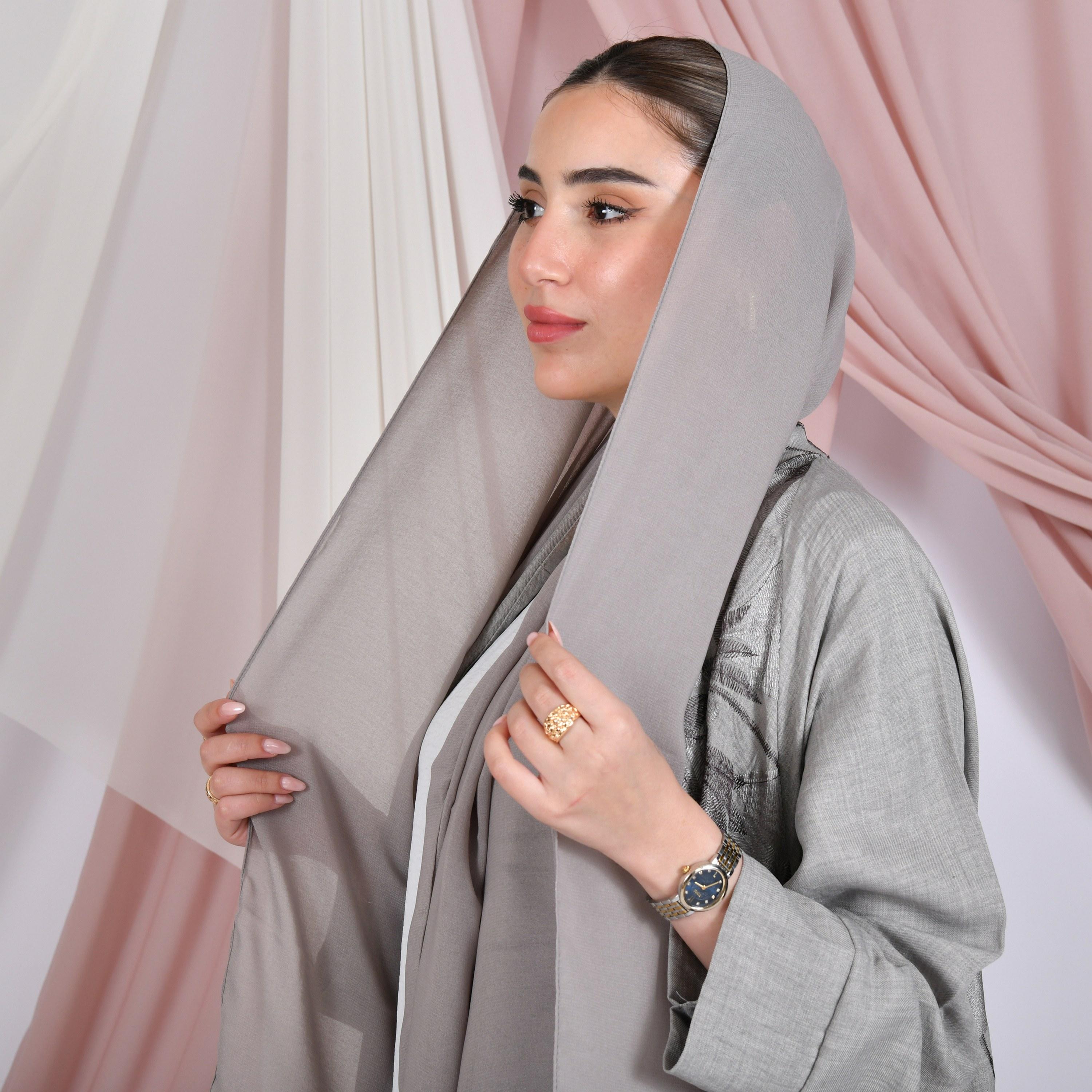Hawraa Grey Leaf Embroidered Raglan Sleeves Linen Women's Flared Abaya with Hijab-women-arabicclothing-abayas-image-3