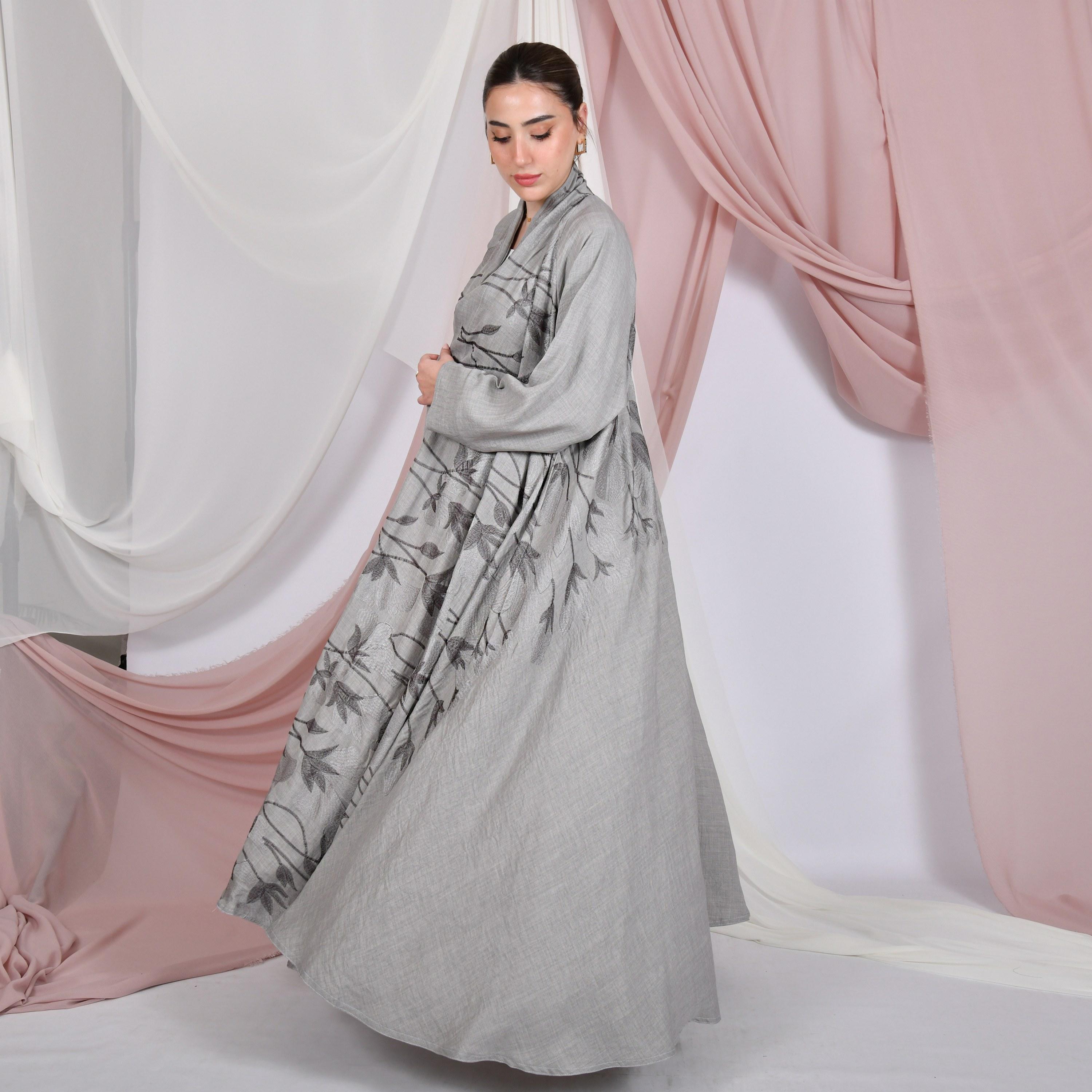 Hawraa Grey Leaf Embroidered Raglan Sleeves Linen Women's Flared Abaya with Hijab-women-arabicclothing-abayas-image-4