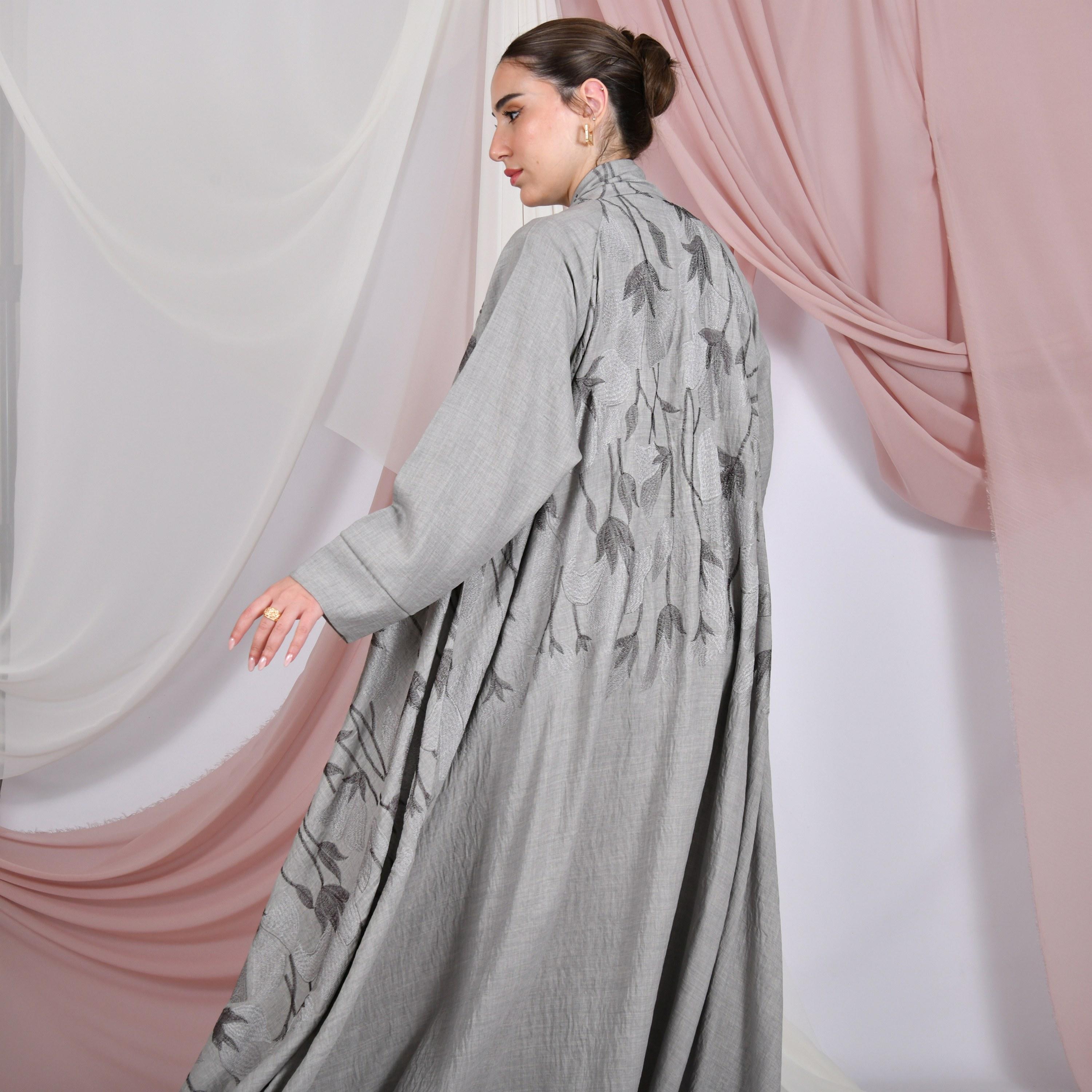 Hawraa Grey Leaf Embroidered Raglan Sleeves Linen Women's Flared Abaya with Hijab-women-arabicclothing-abayas-image-5