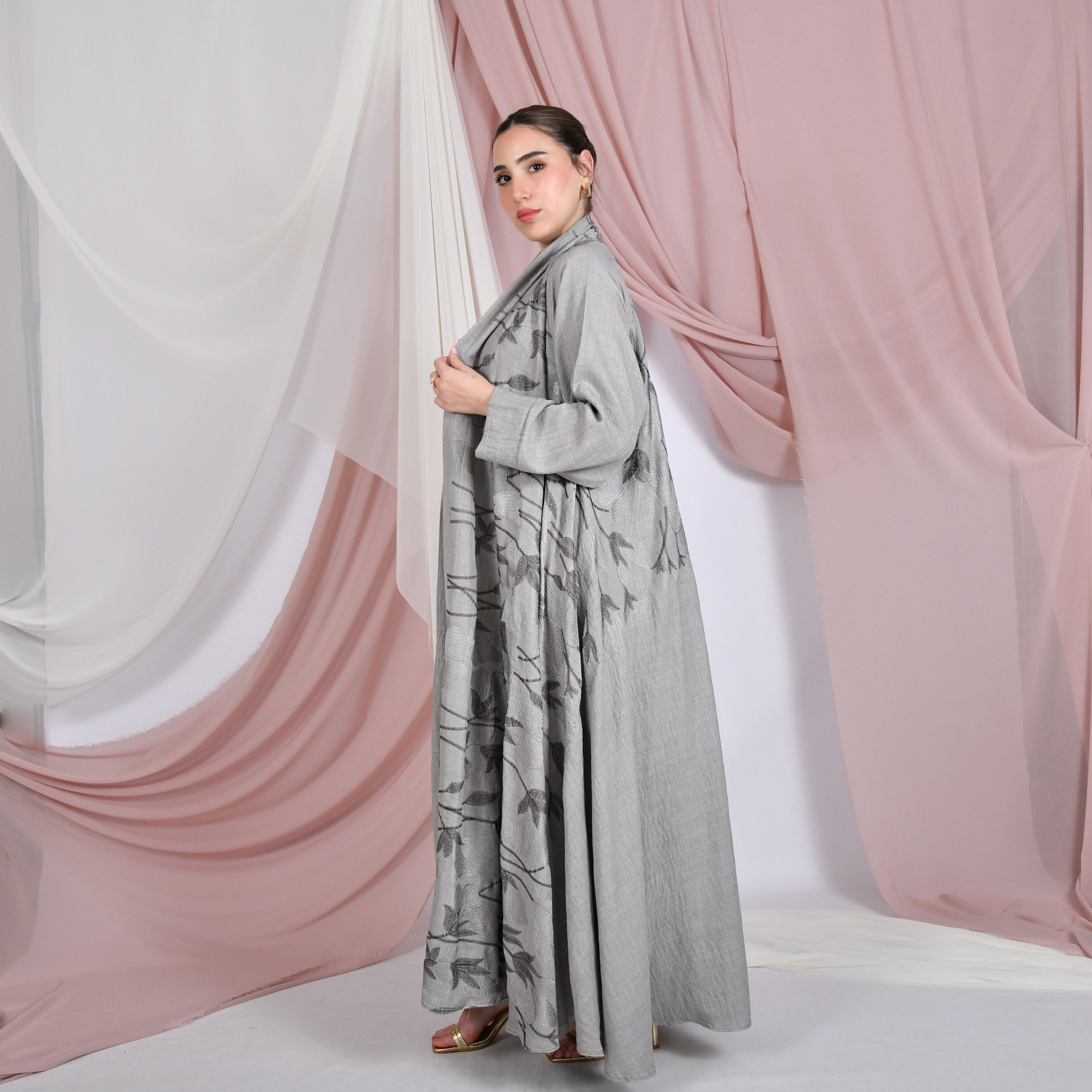 Hawraa Grey Leaf Embroidered Raglan Sleeves Linen Women's Flared Abaya with Hijab-women-arabicclothing-abayas-image-6