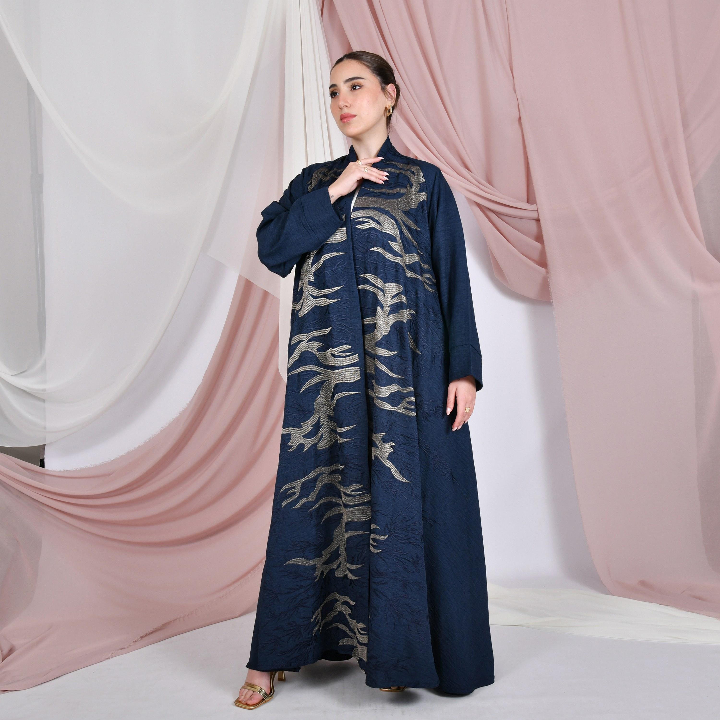 Hawraa Navy Blue Abstract Embroidered Raglan Sleeves Linen Women's Flared Abaya with Hijab-women-arabicclothing-abayas-image-1