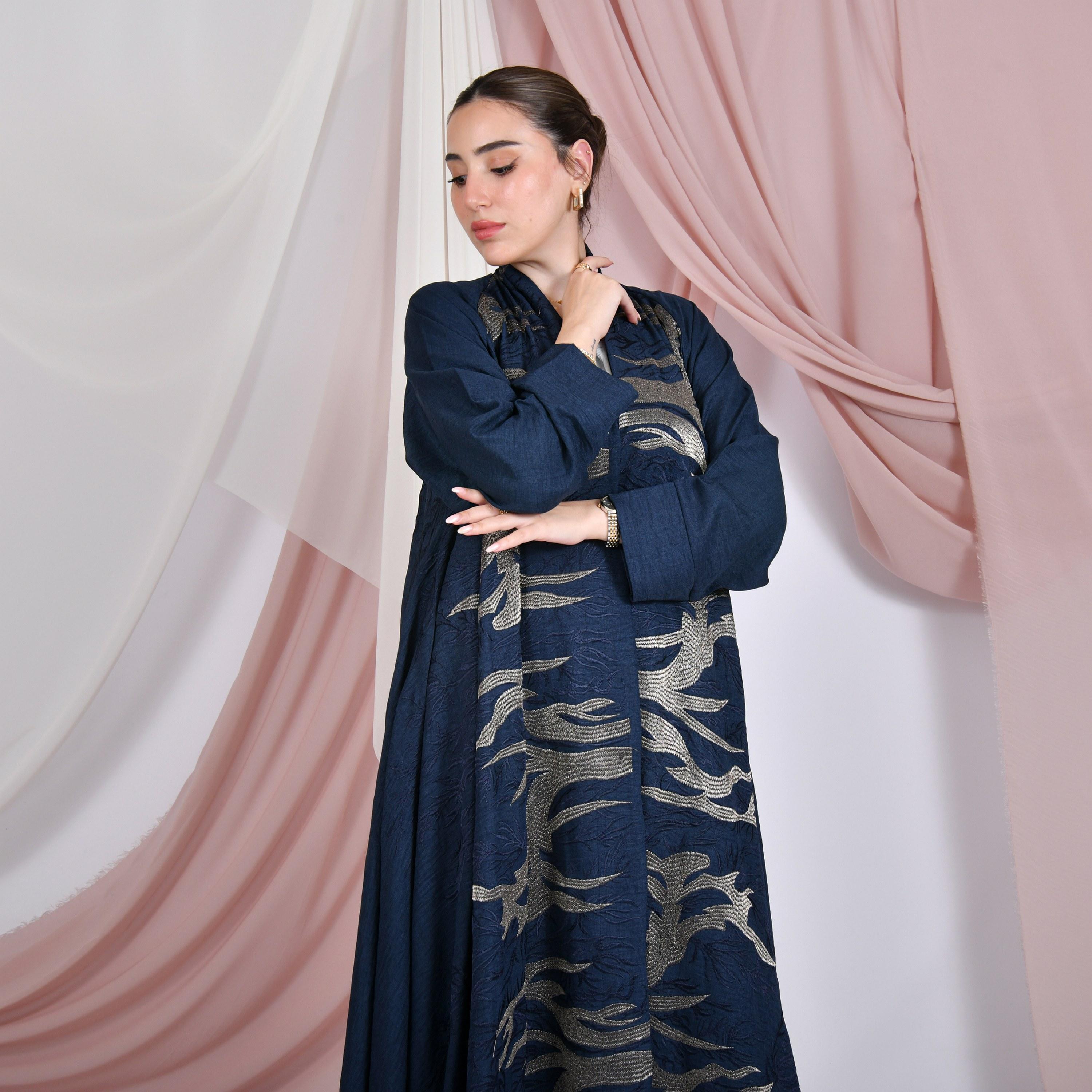 Hawraa Navy Blue Abstract Embroidered Raglan Sleeves Linen Women's Flared Abaya with Hijab-women-arabicclothing-abayas-image-2
