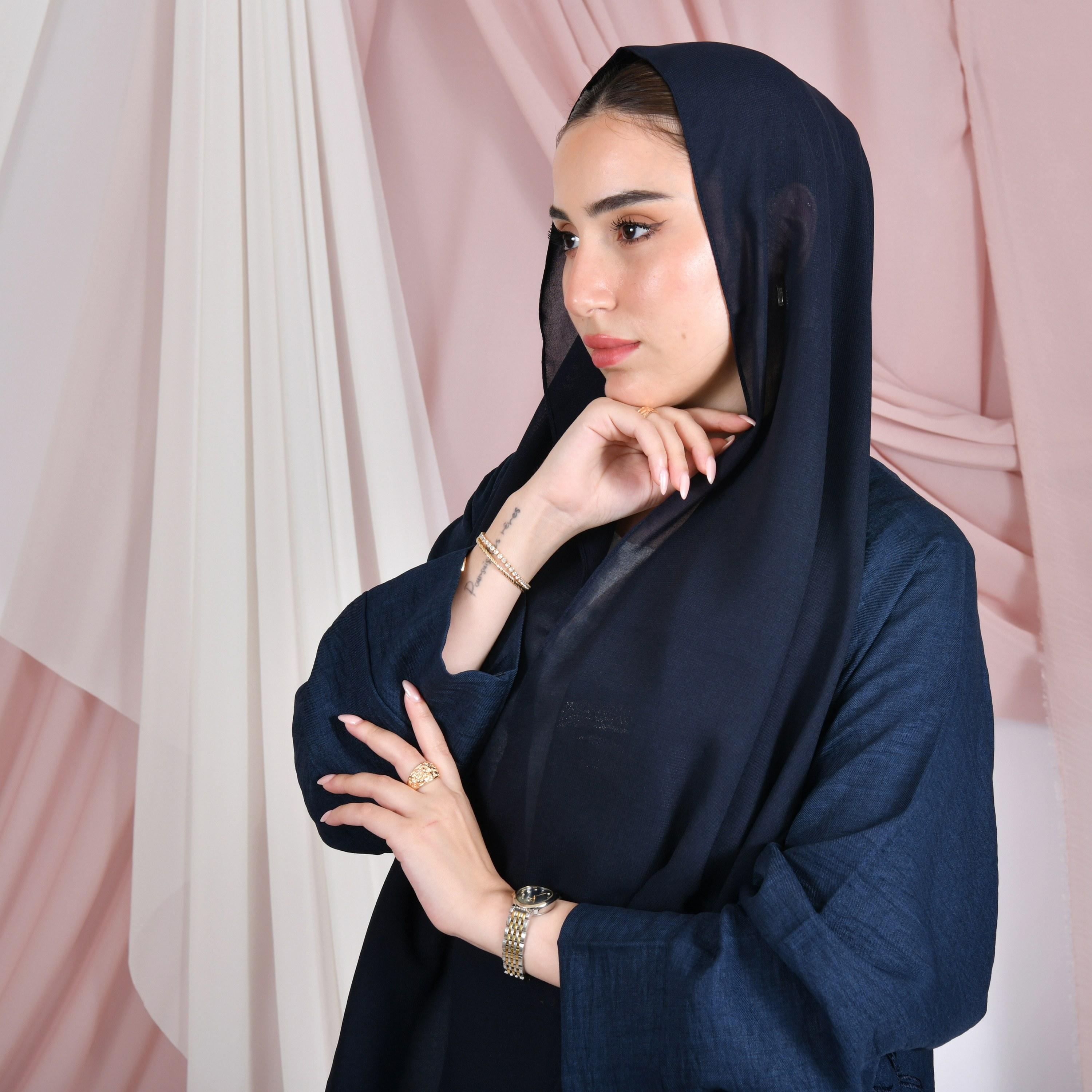 Hawraa Navy Blue Abstract Embroidered Raglan Sleeves Linen Women's Flared Abaya with Hijab-women-arabicclothing-abayas-image-3