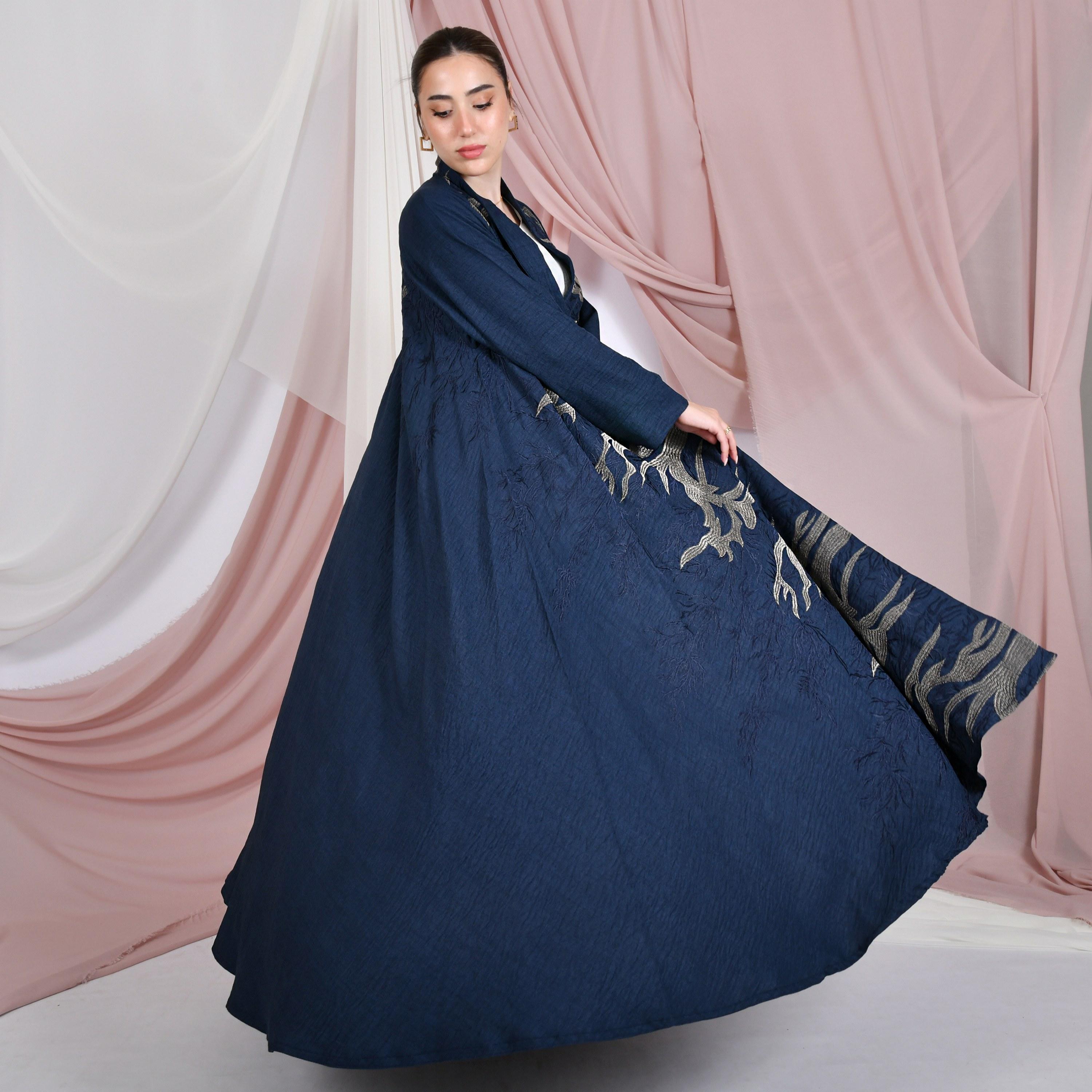 Hawraa Navy Blue Abstract Embroidered Raglan Sleeves Linen Women's Flared Abaya with Hijab-women-arabicclothing-abayas-image-4