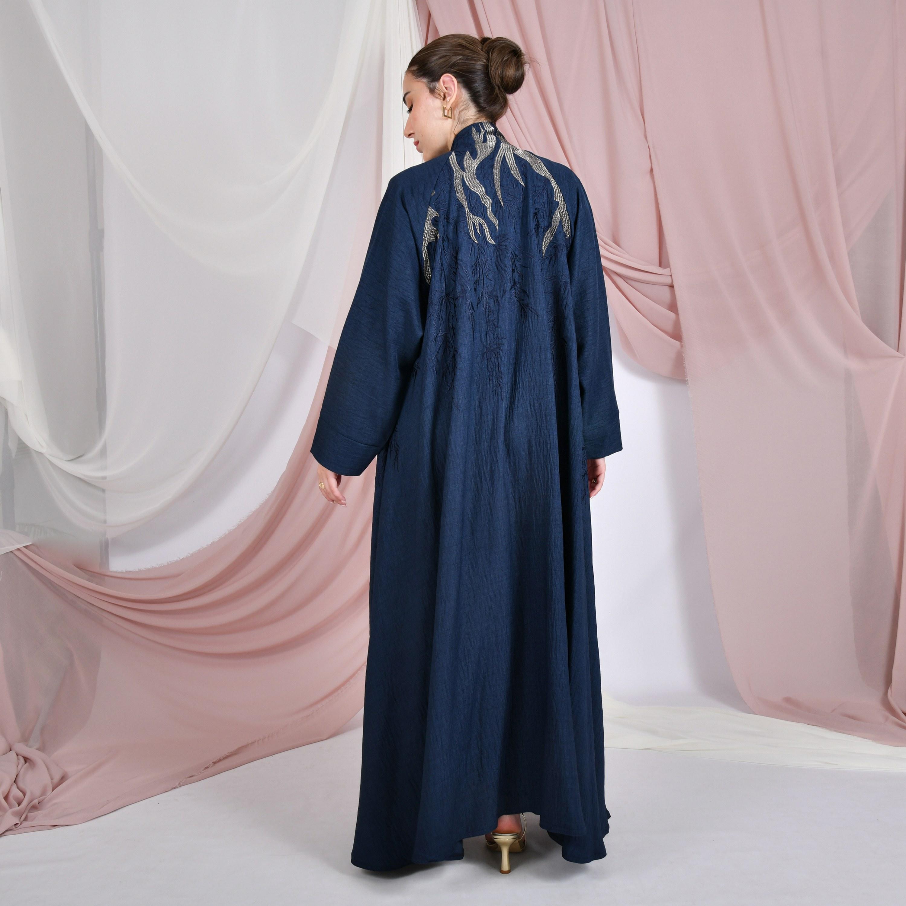 Hawraa Navy Blue Abstract Embroidered Raglan Sleeves Linen Women's Flared Abaya with Hijab-women-arabicclothing-abayas-image-5