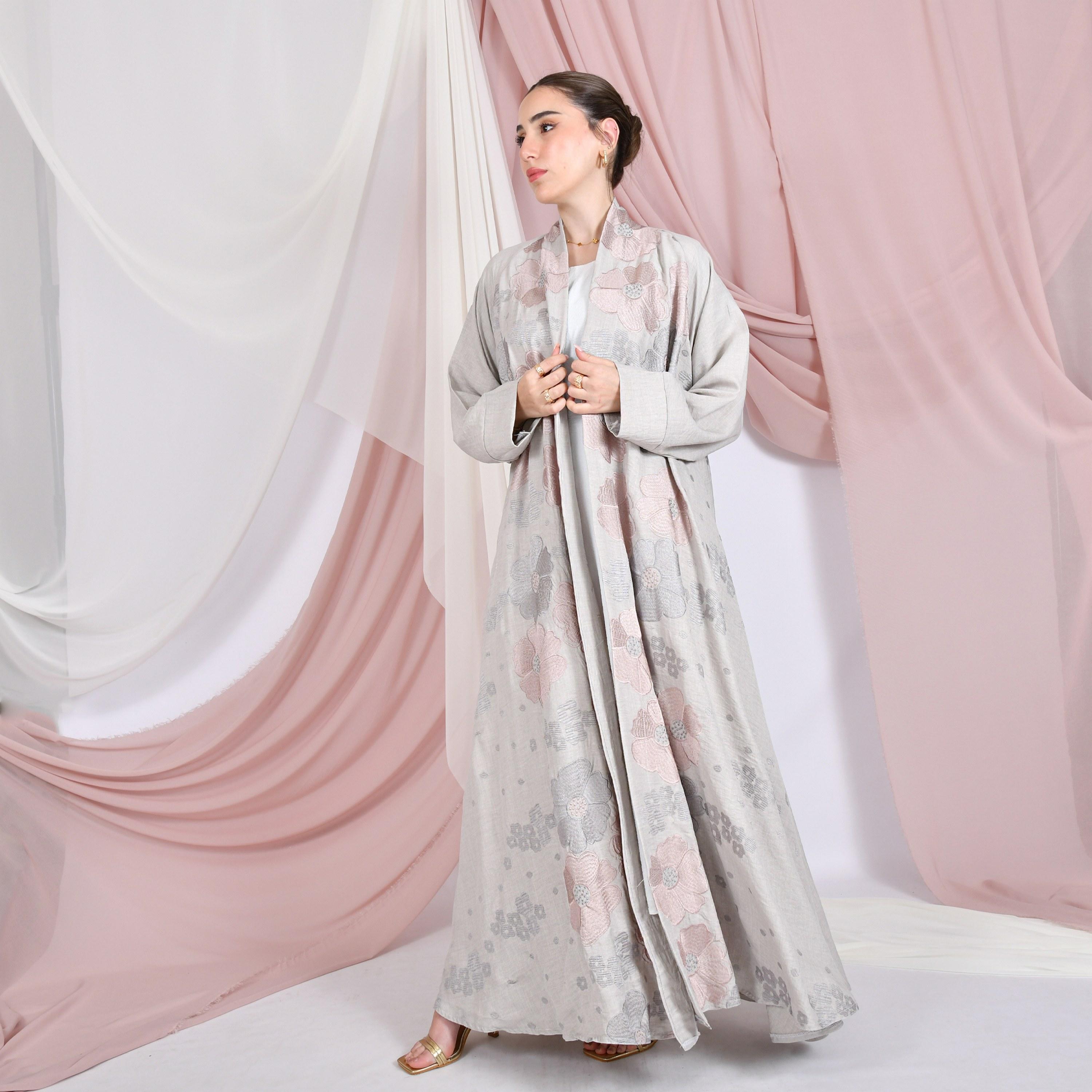 Hawraa Grey Floral Embroidered Raglan Sleeves Linen Women's Flared Abaya-women-arabicclothing-abayas-image-1
