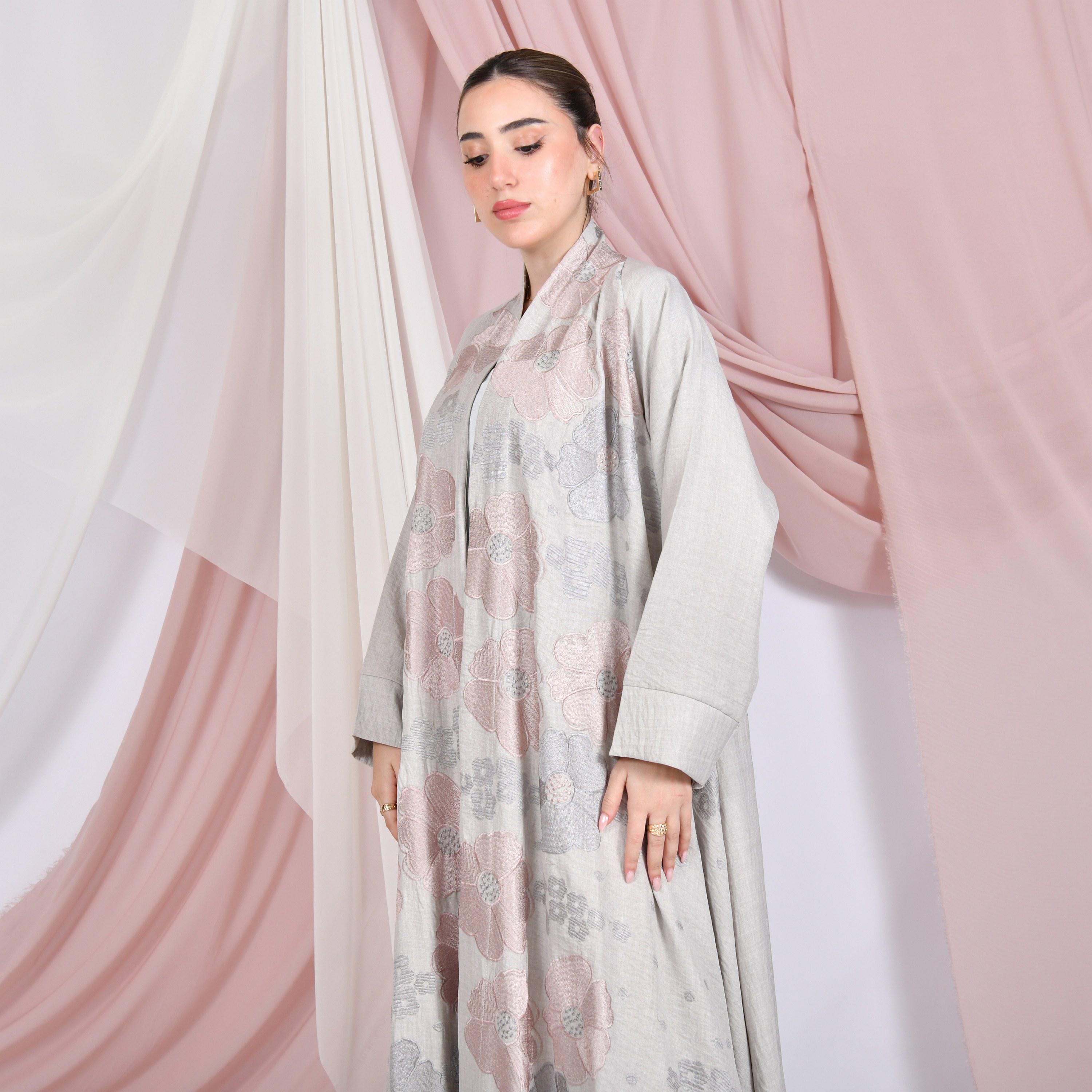 Hawraa Grey Floral Embroidered Raglan Sleeves Linen Women's Flared Abaya-women-arabicclothing-abayas-image-2