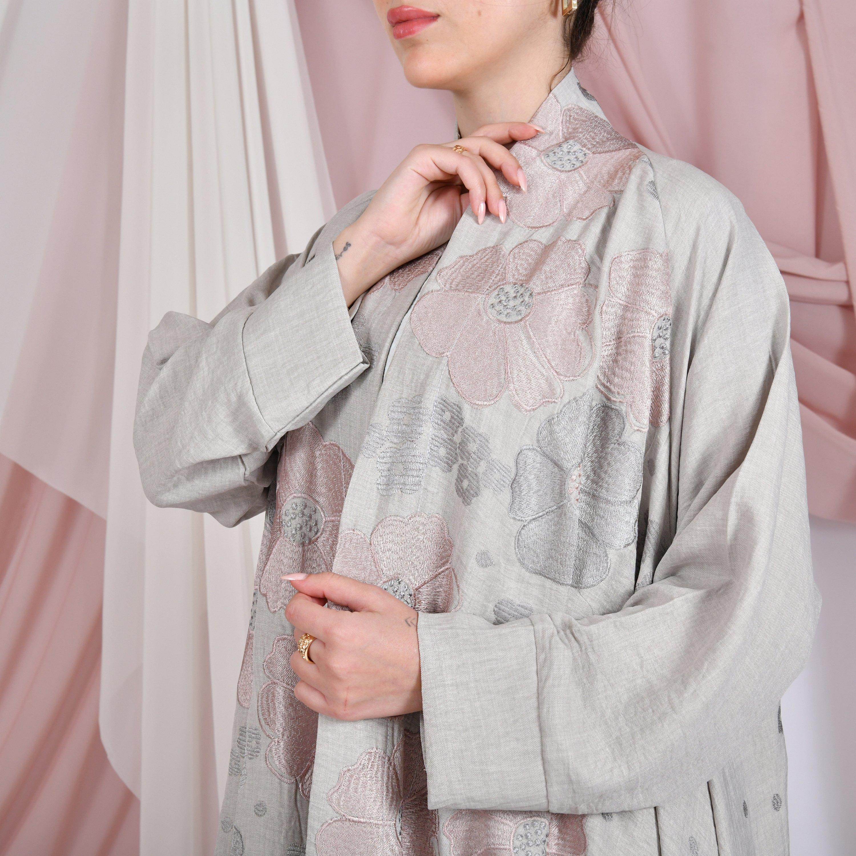 Hawraa Grey Floral Embroidered Raglan Sleeves Linen Women's Flared Abaya-women-arabicclothing-abayas-image-3