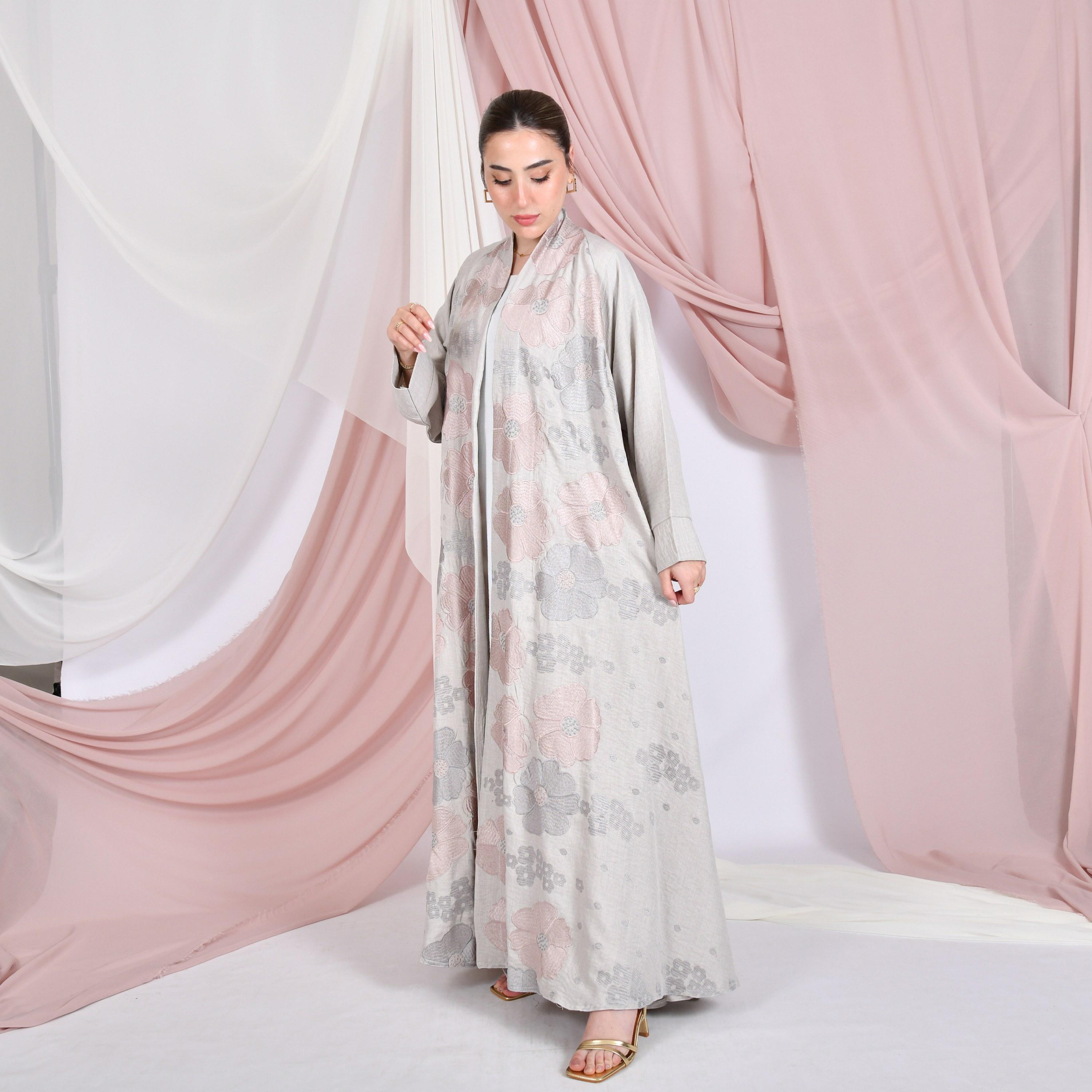 Hawraa Grey Floral Embroidered Raglan Sleeves Linen Women's Flared Abaya-women-arabicclothing-abayas-image-4