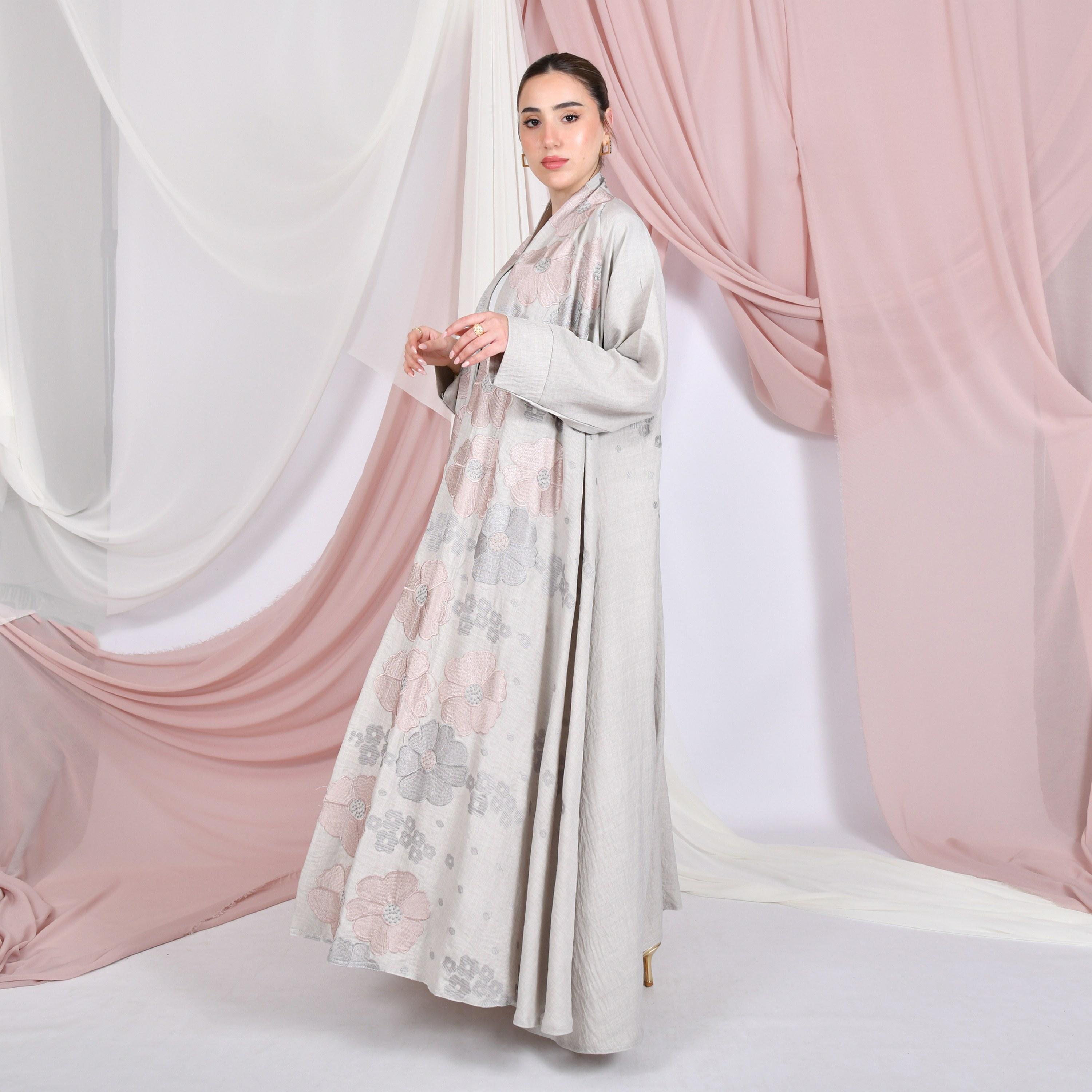 Hawraa Grey Floral Embroidered Raglan Sleeves Linen Women's Flared Abaya-women-arabicclothing-abayas-image-5