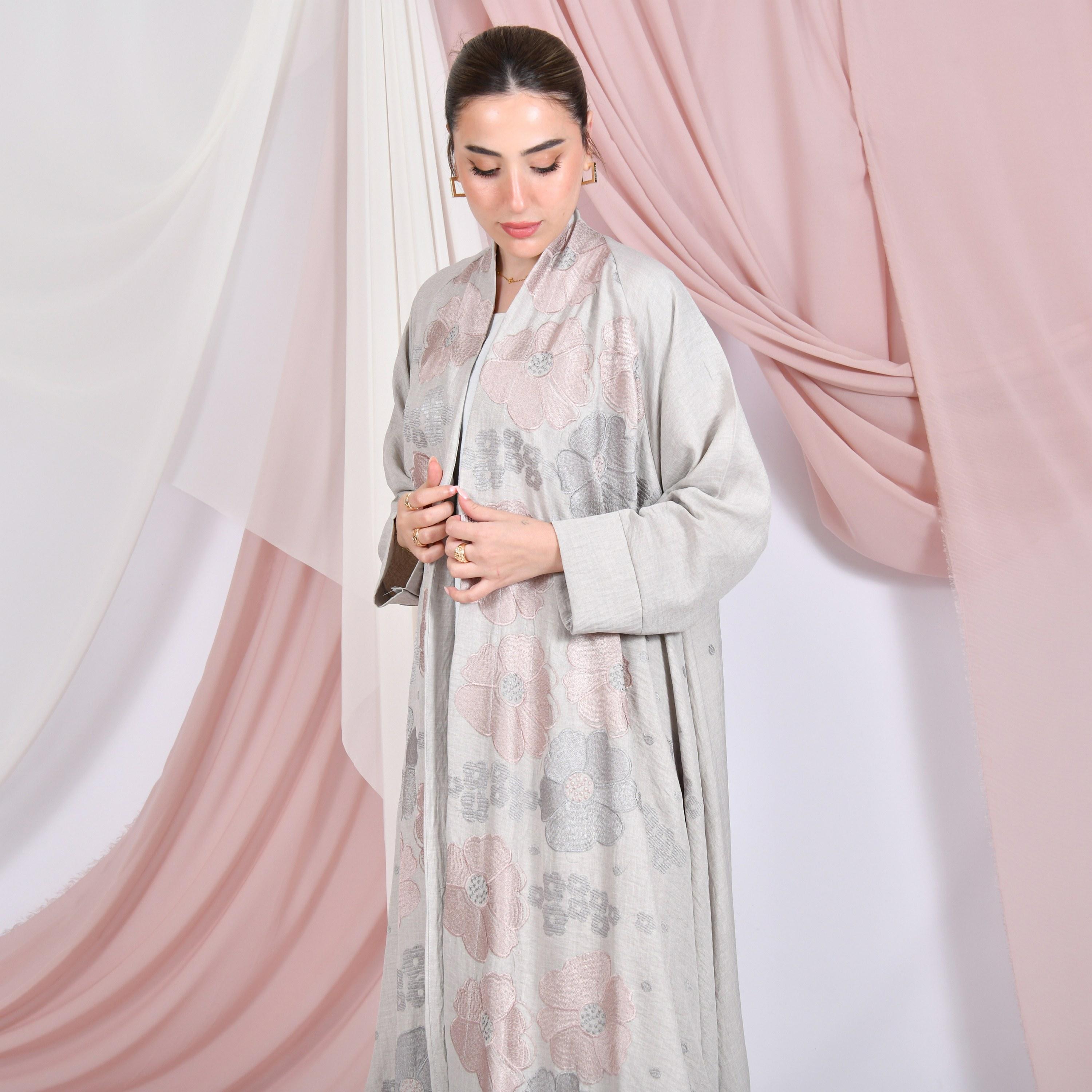 Hawraa Grey Floral Embroidered Raglan Sleeves Linen Women's Flared Abaya-women-arabicclothing-abayas-image-6