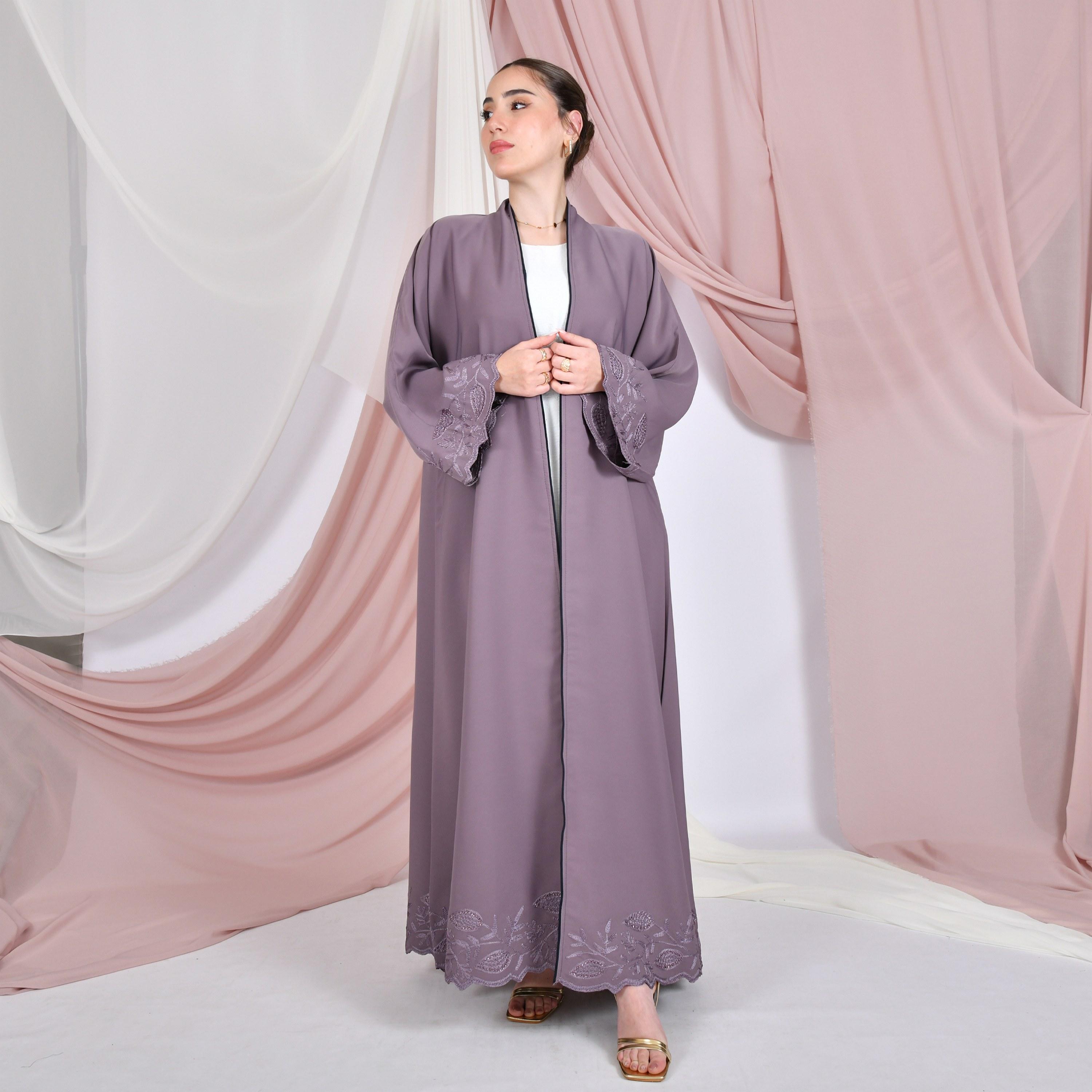 Hawraa Embroidered Wide Sleeves Linen Women's Abaya with Hijab-women-arabicclothing-abayas-image-1
