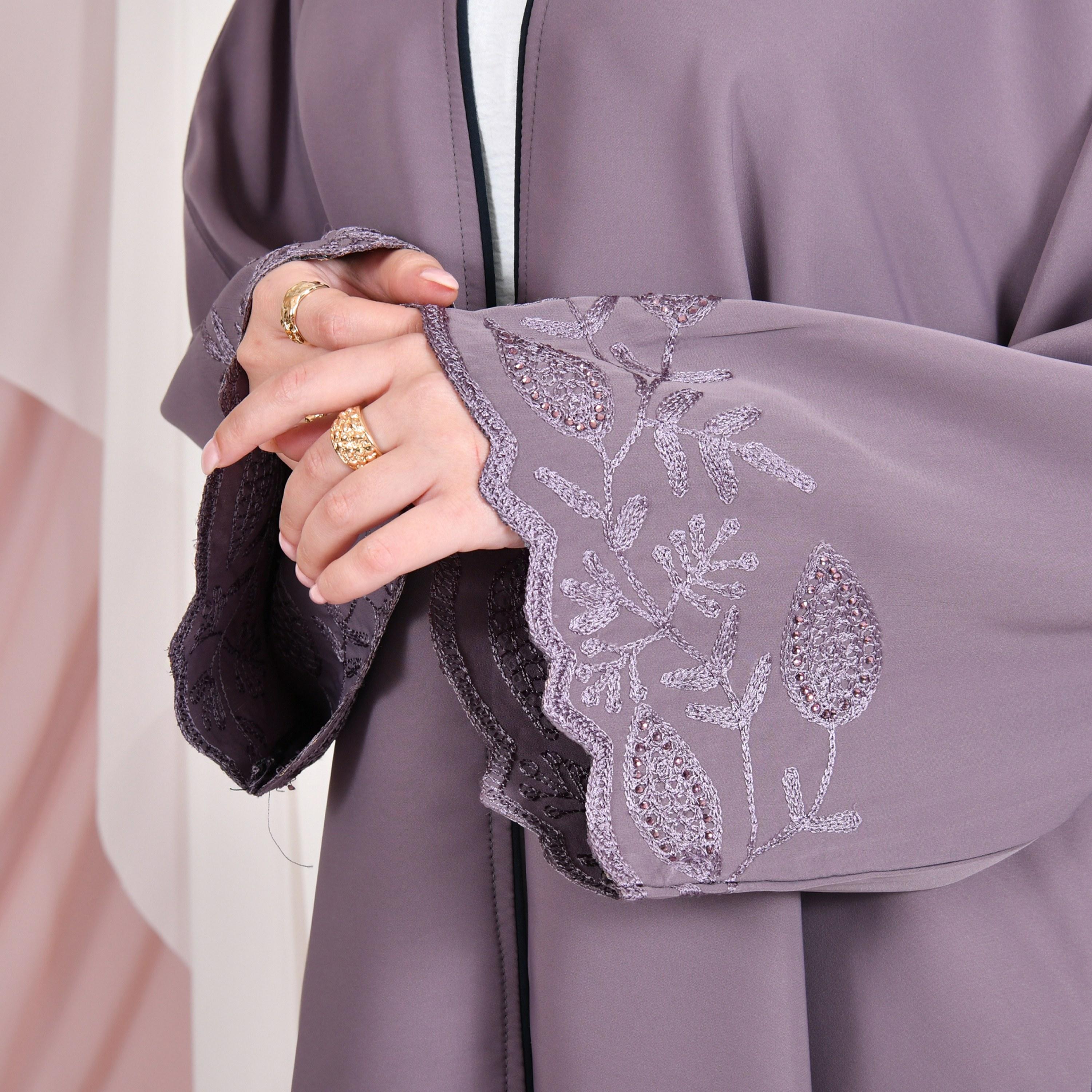 Hawraa Embroidered Wide Sleeves Linen Women's Abaya with Hijab-women-arabicclothing-abayas-image-3