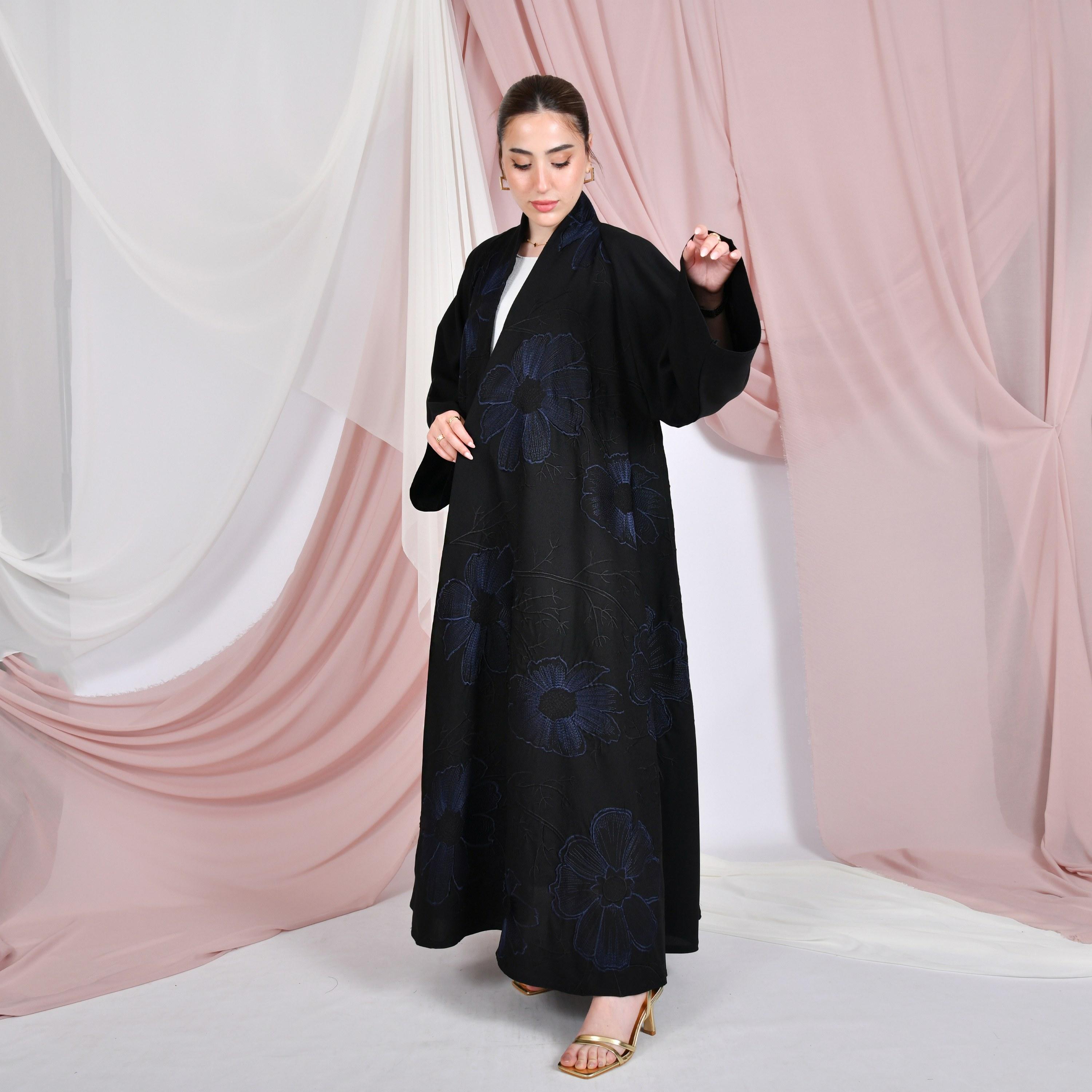 Hawraa Black Floral Embroidered Wide Sleeves Linen Women's Flared Abaya-women-arabicclothing-abayas-image-1