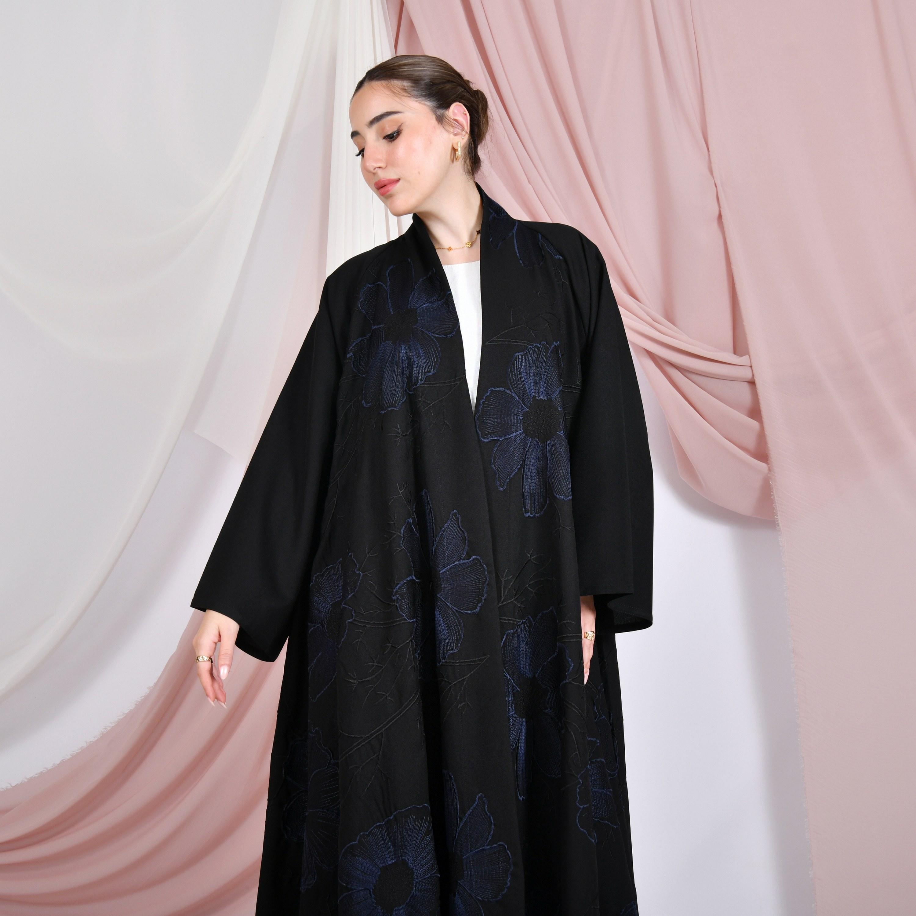 Hawraa Black Floral Embroidered Wide Sleeves Linen Women's Flared Abaya-women-arabicclothing-abayas-image-2