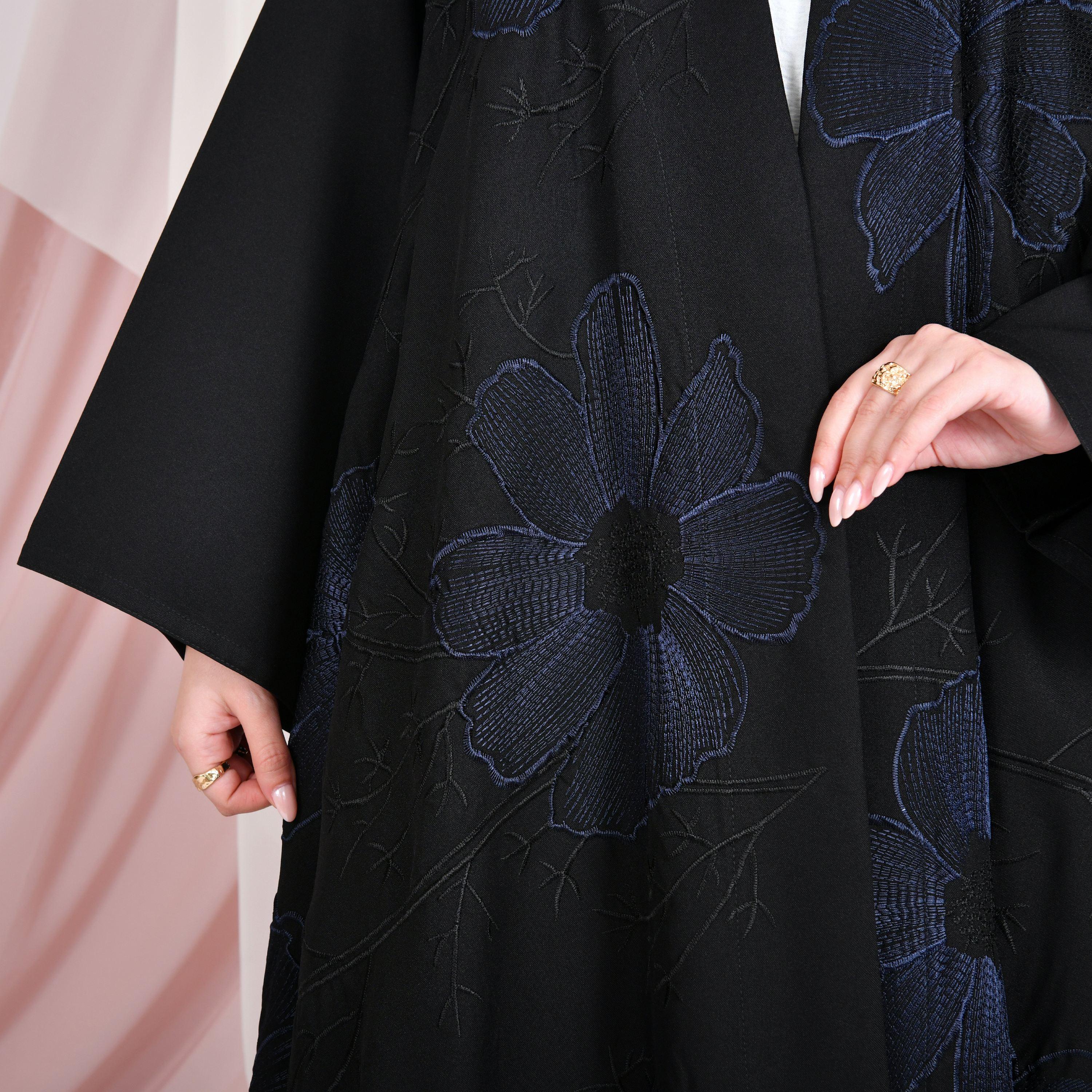 Hawraa Black Floral Embroidered Wide Sleeves Linen Women's Flared Abaya-women-arabicclothing-abayas-image-3