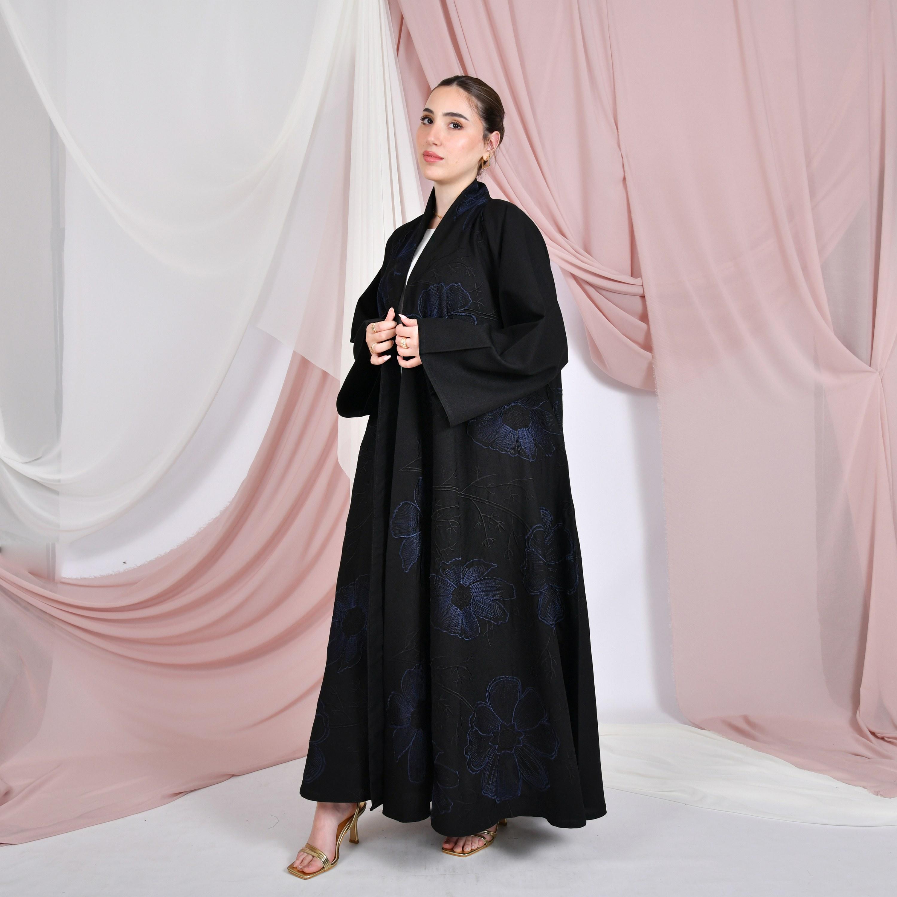 Hawraa Black Floral Embroidered Wide Sleeves Linen Women's Flared Abaya-women-arabicclothing-abayas-image-4