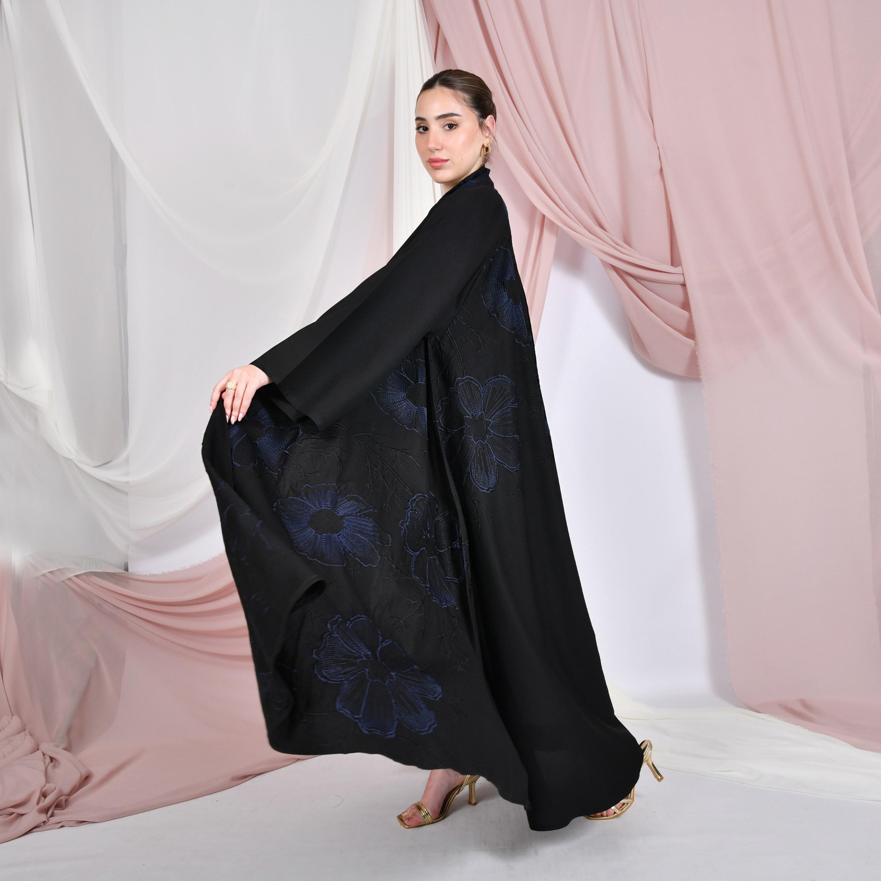 Hawraa Black Floral Embroidered Wide Sleeves Linen Women's Flared Abaya-women-arabicclothing-abayas-image-6