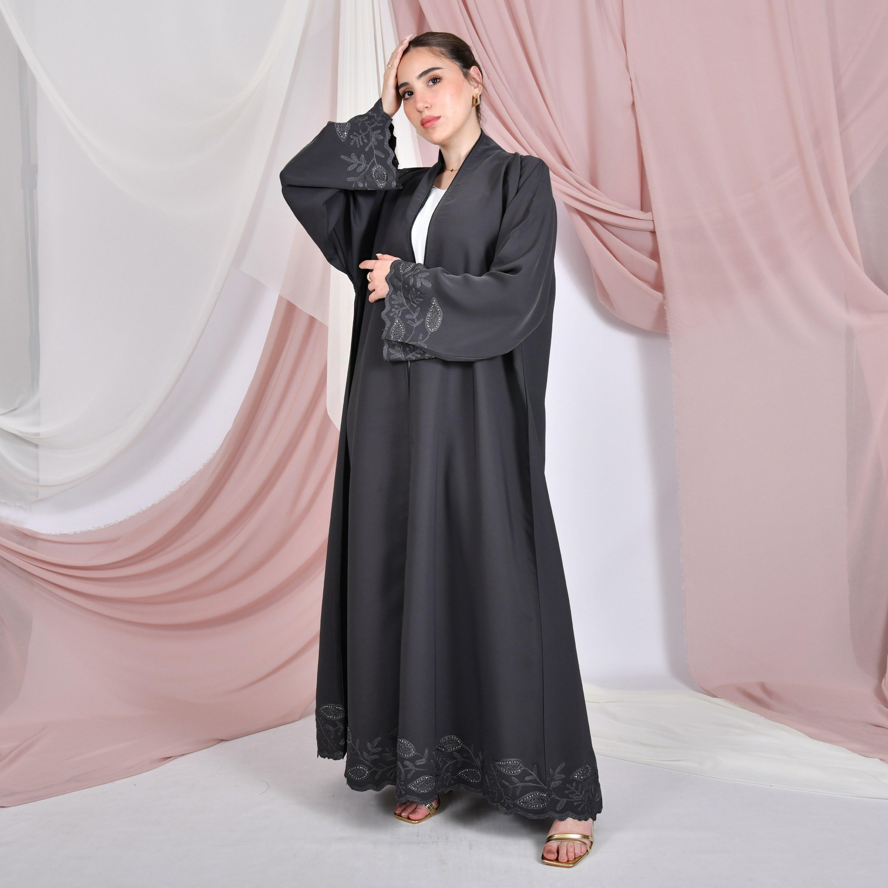 Hawraa Embroidered Wide Sleeves Linen Women's Flared Abaya-women-arabicclothing-abayas-image-1