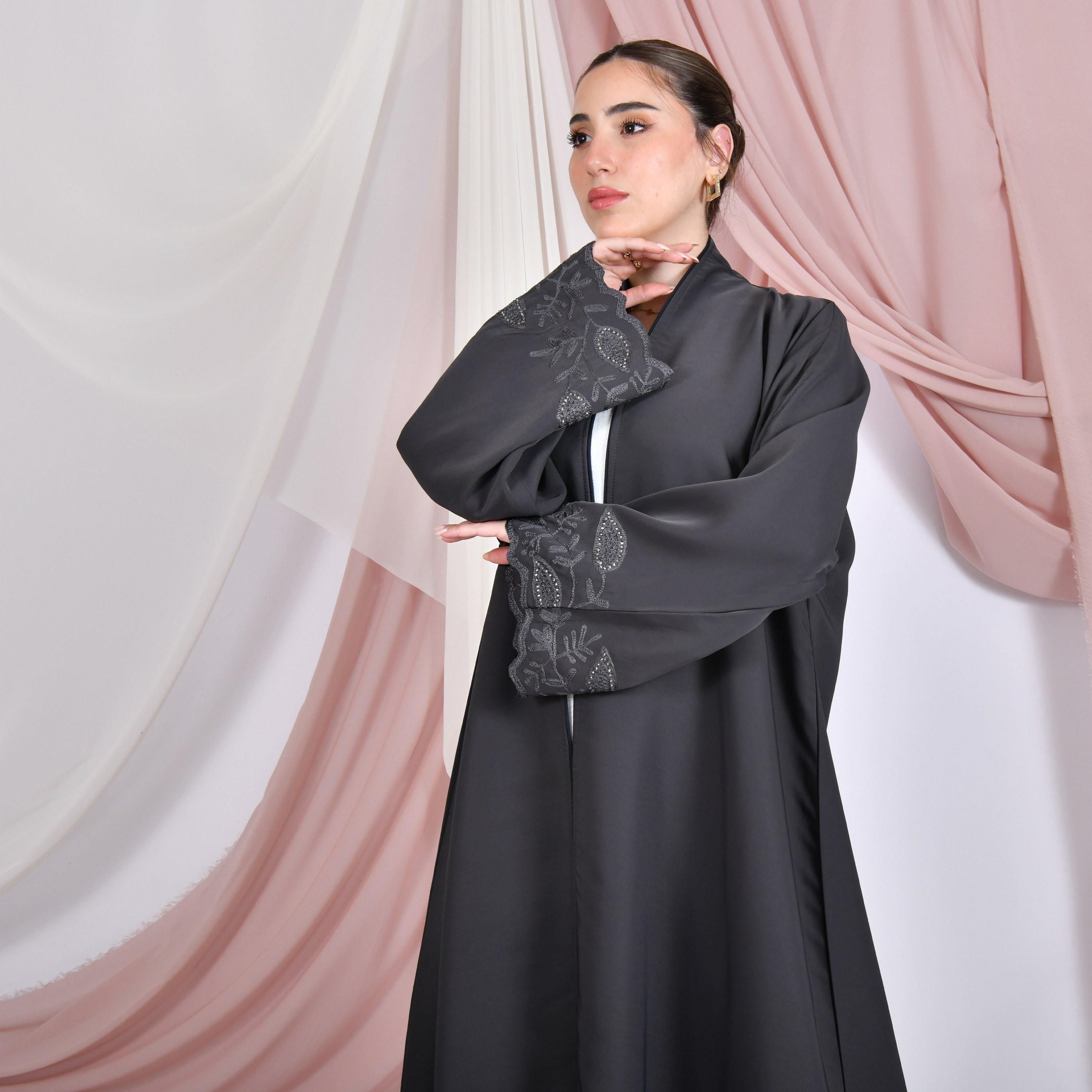 Hawraa Embroidered Wide Sleeves Linen Women's Flared Abaya-women-arabicclothing-abayas-image-2