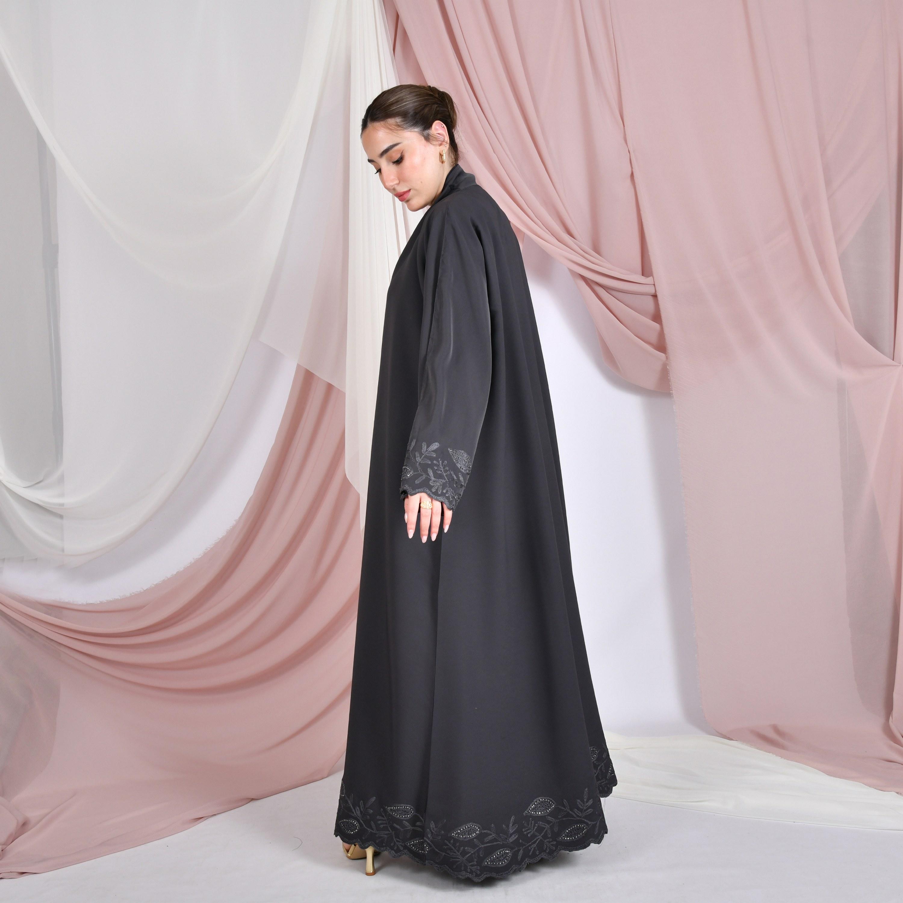 Hawraa Embroidered Wide Sleeves Linen Women's Flared Abaya-women-arabicclothing-abayas-image-4