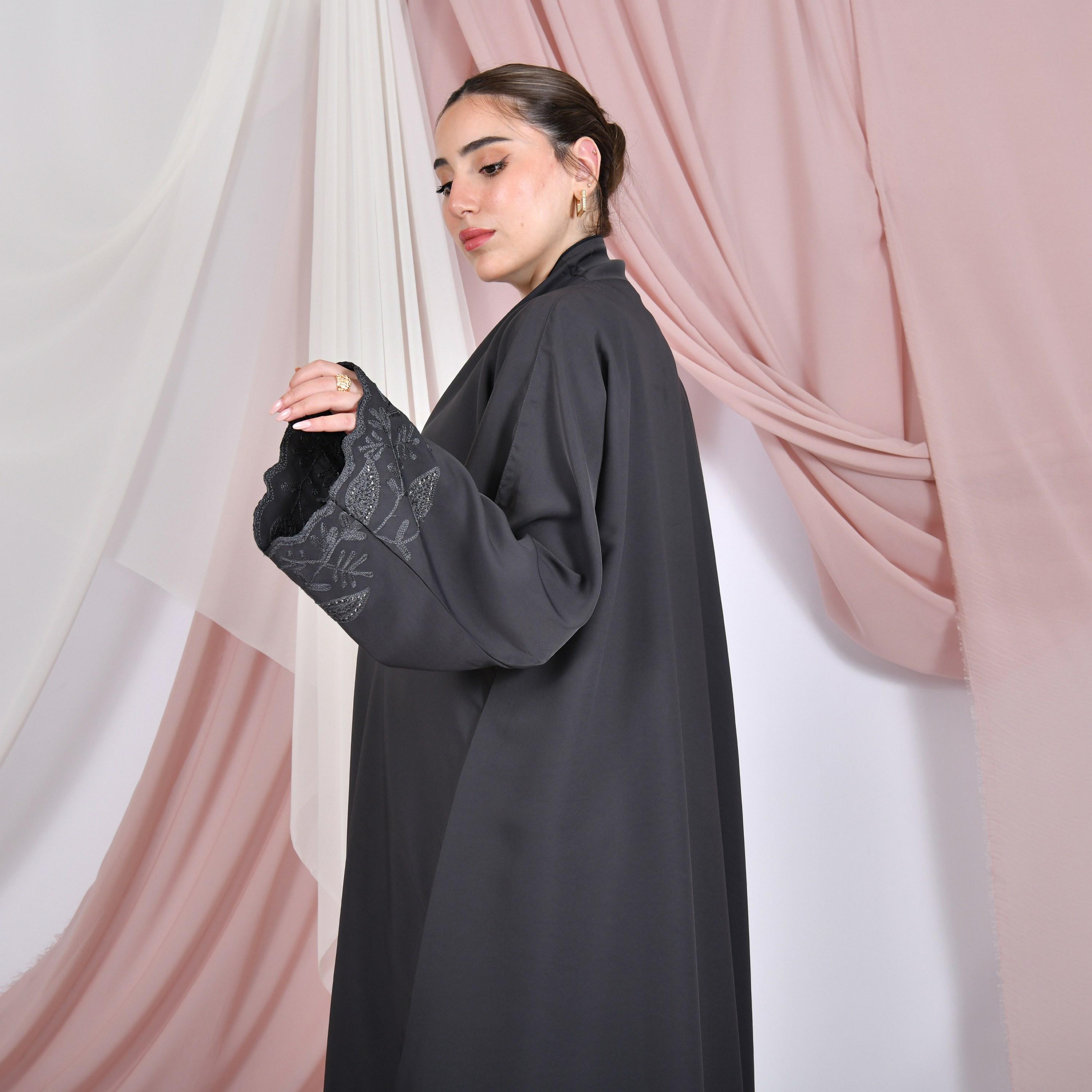 Hawraa Embroidered Wide Sleeves Linen Women's Flared Abaya-women-arabicclothing-abayas-image-5