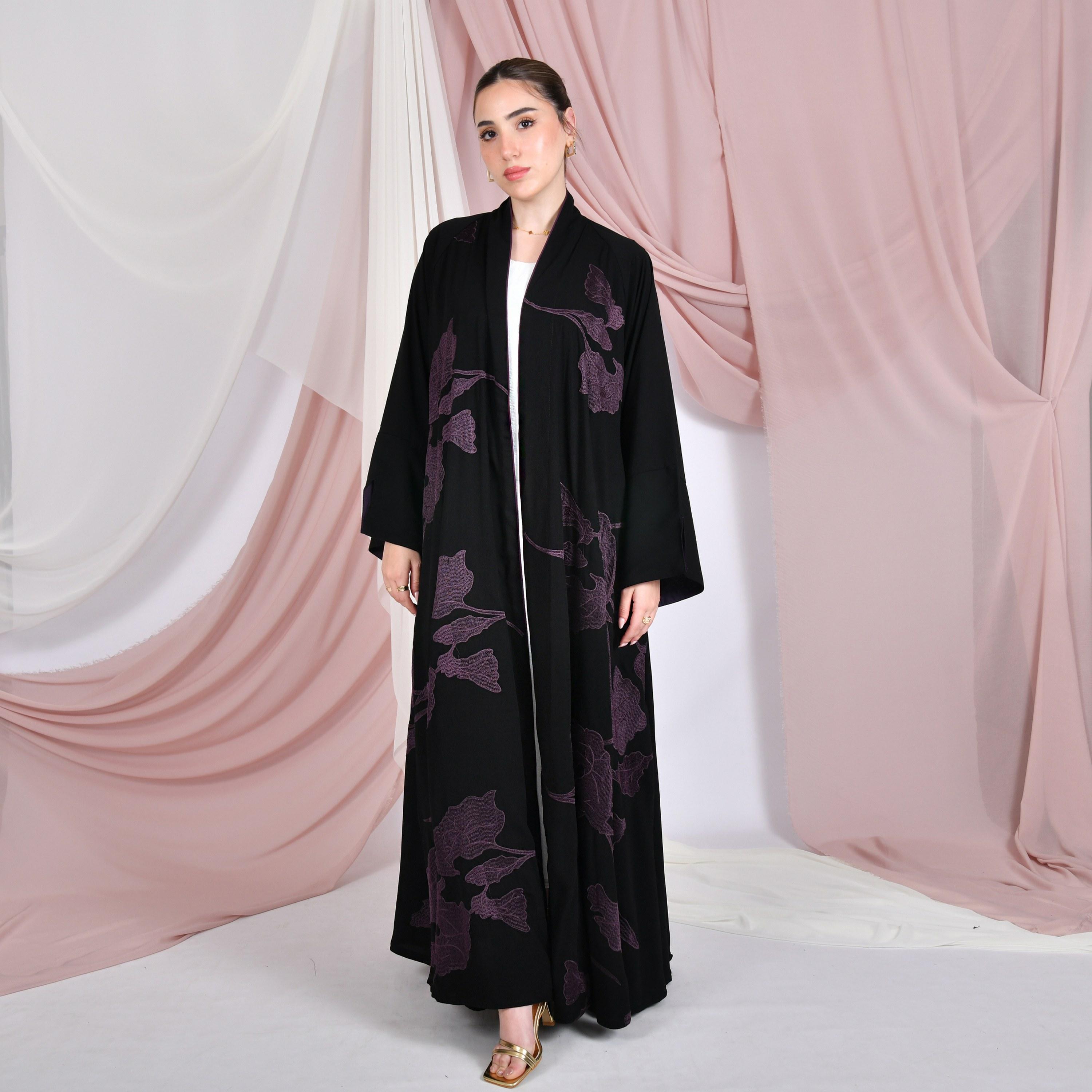 Hawraa Black Leaf Embroidered Wide Sleeves Linen Women's Abaya-women-arabicclothing-abayas-image-1