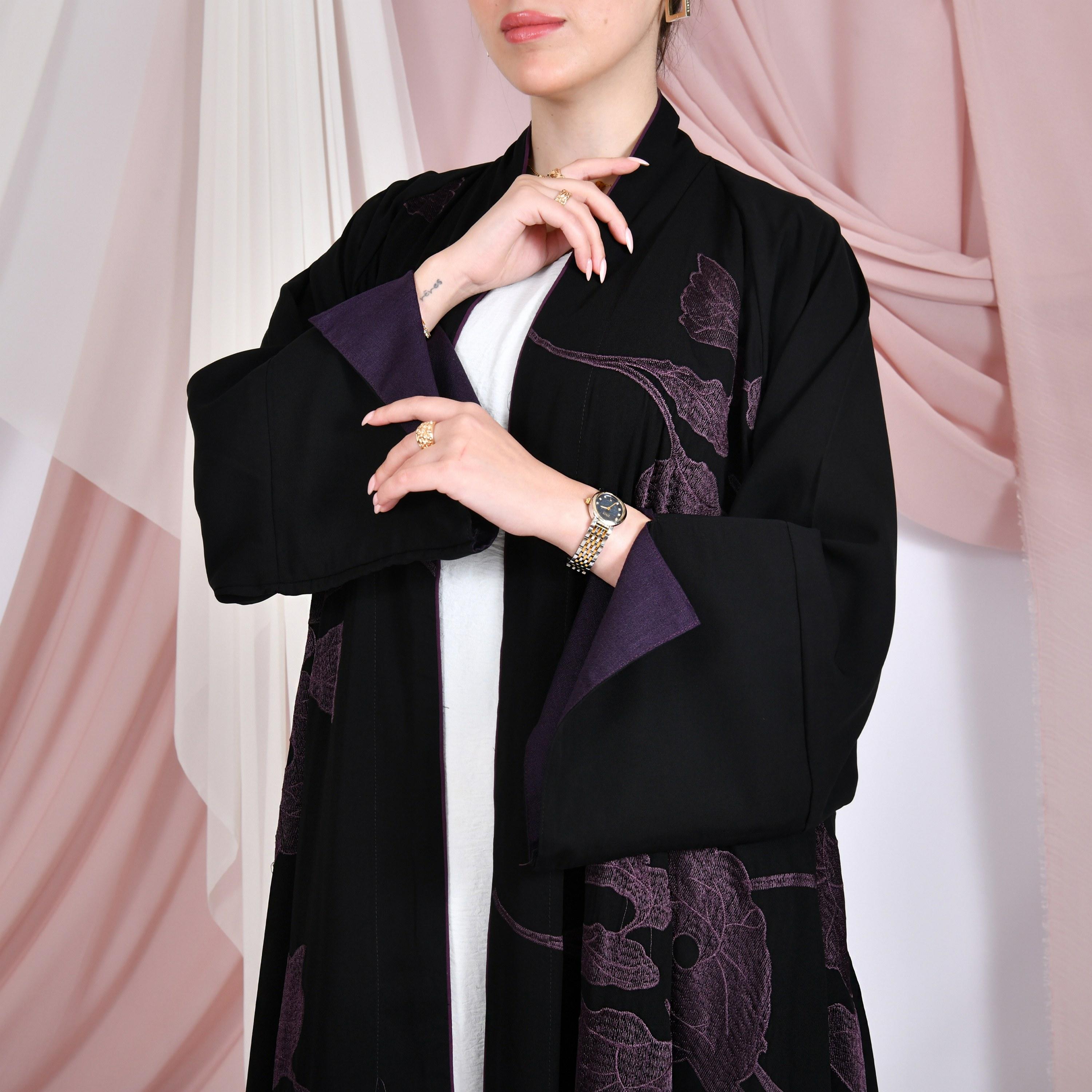 Hawraa Black Leaf Embroidered Wide Sleeves Linen Women's Abaya-women-arabicclothing-abayas-image-2