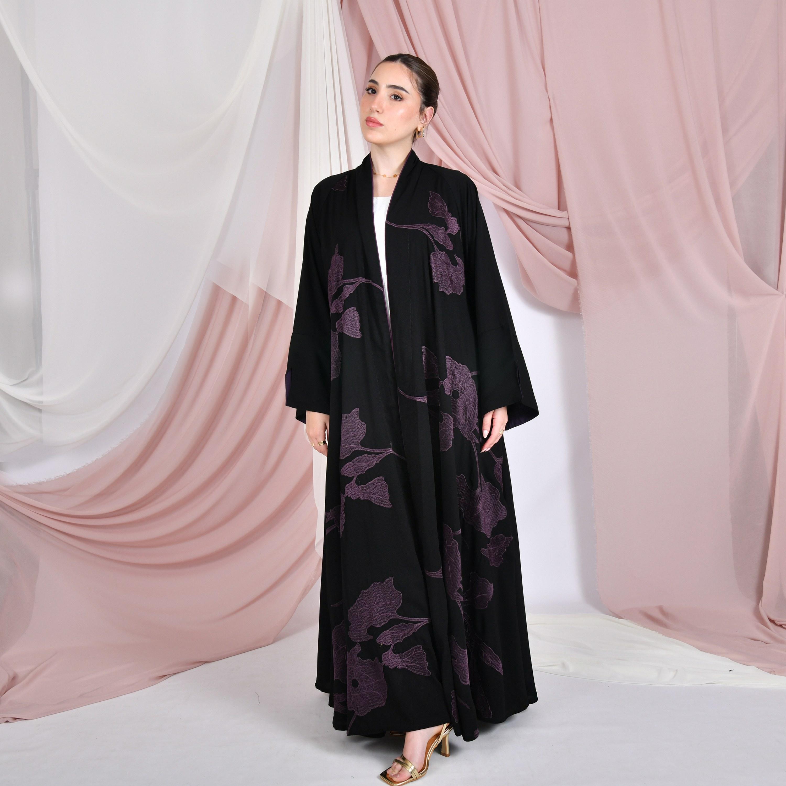 Hawraa Black Leaf Embroidered Wide Sleeves Linen Women's Abaya-women-arabicclothing-abayas-image-4
