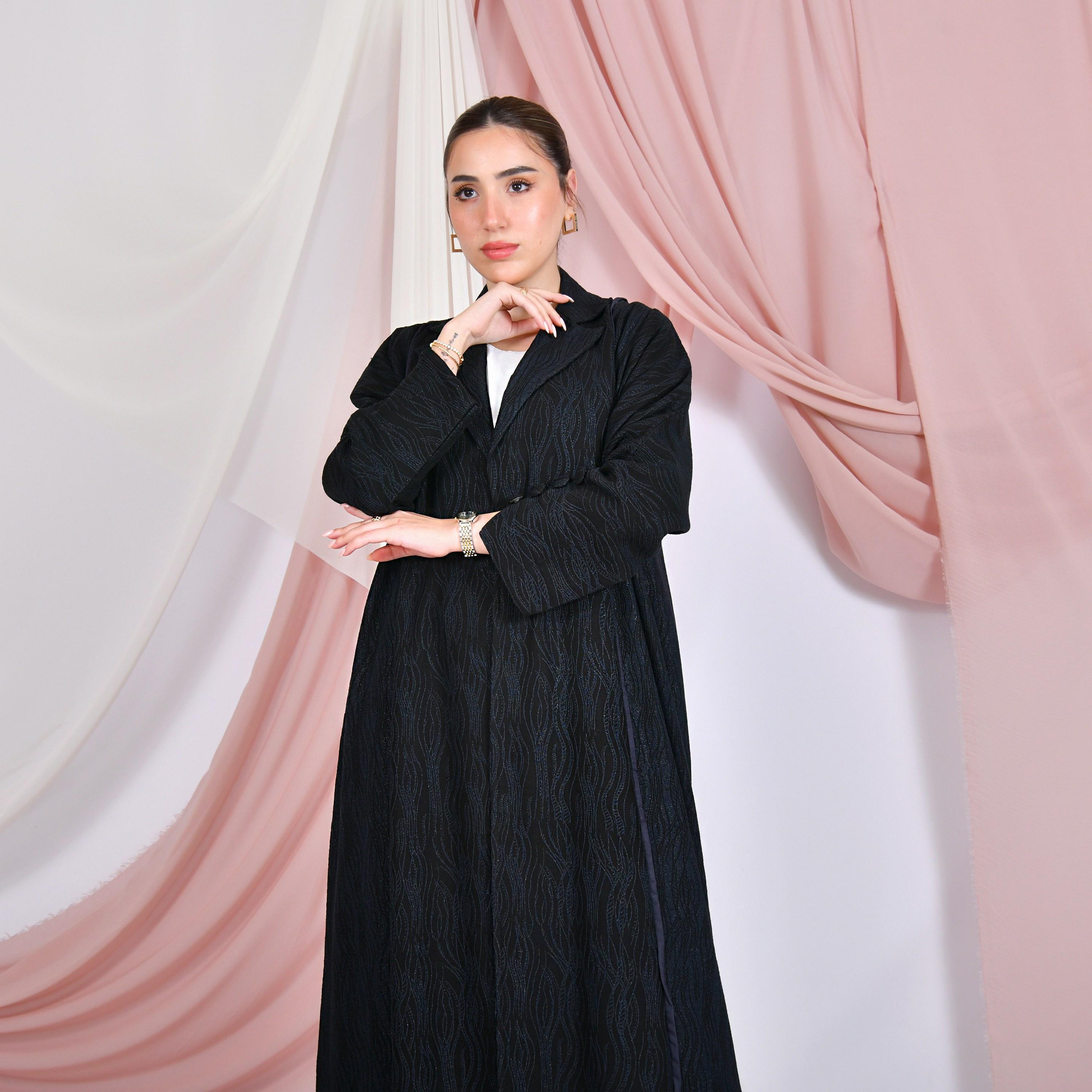 Hawraa Jacquard Lapel Collar Linen Women's Formal Coat Style Abaya with Hijab-women-arabicclothing-abayas-image-1