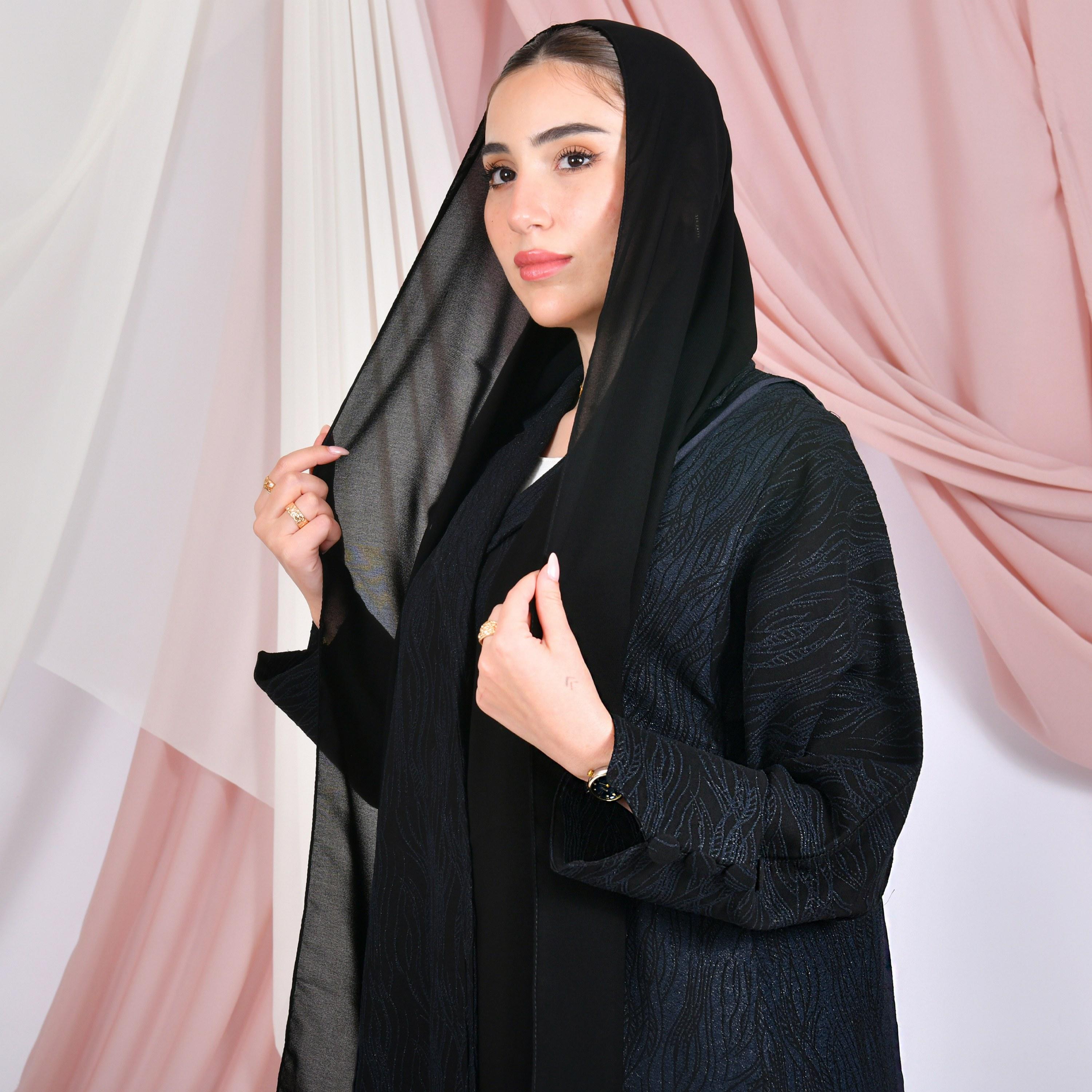 Hawraa Jacquard Lapel Collar Linen Women's Formal Coat Style Abaya with Hijab-women-arabicclothing-abayas-image-2