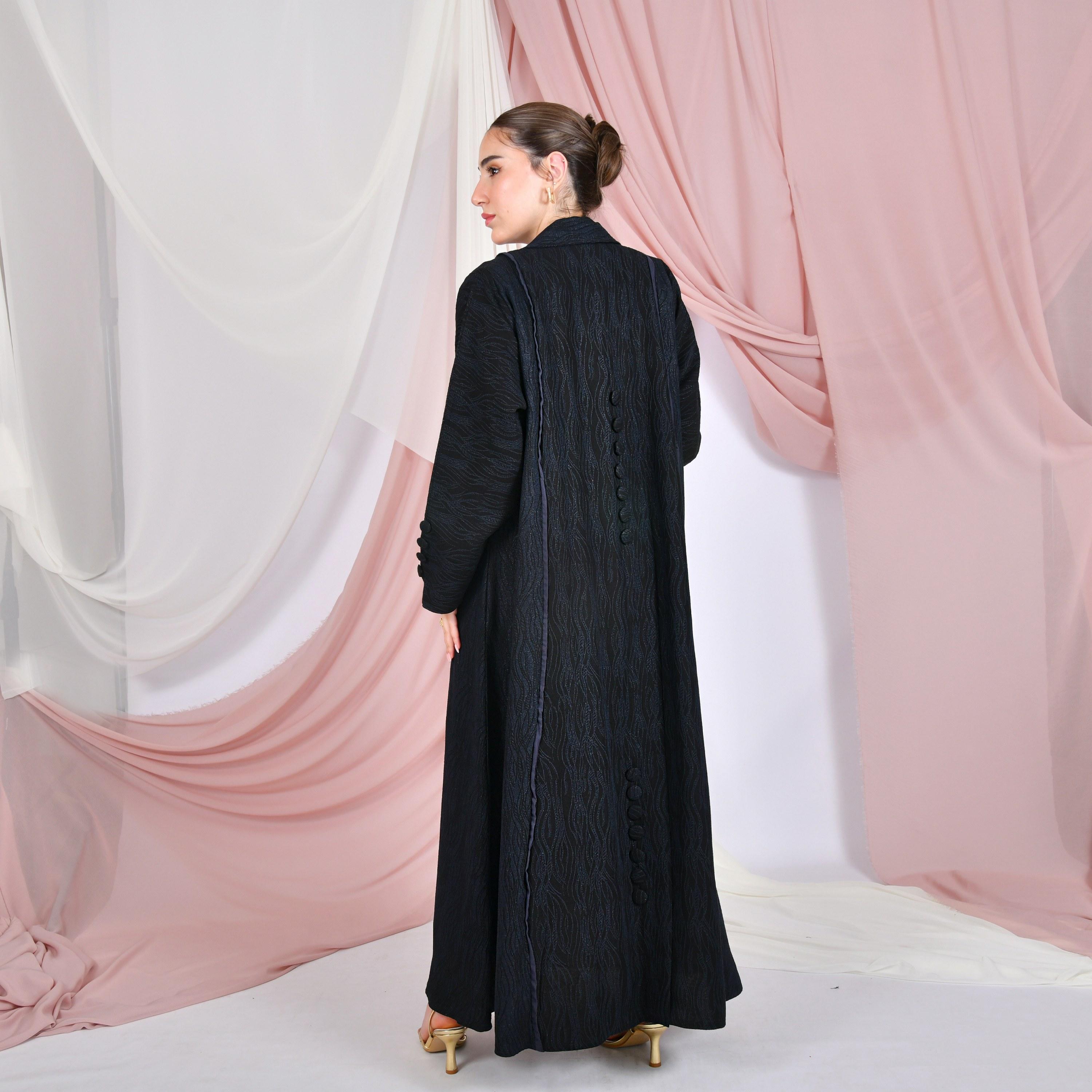 Hawraa Jacquard Lapel Collar Linen Women's Formal Coat Style Abaya with Hijab-women-arabicclothing-abayas-image-4